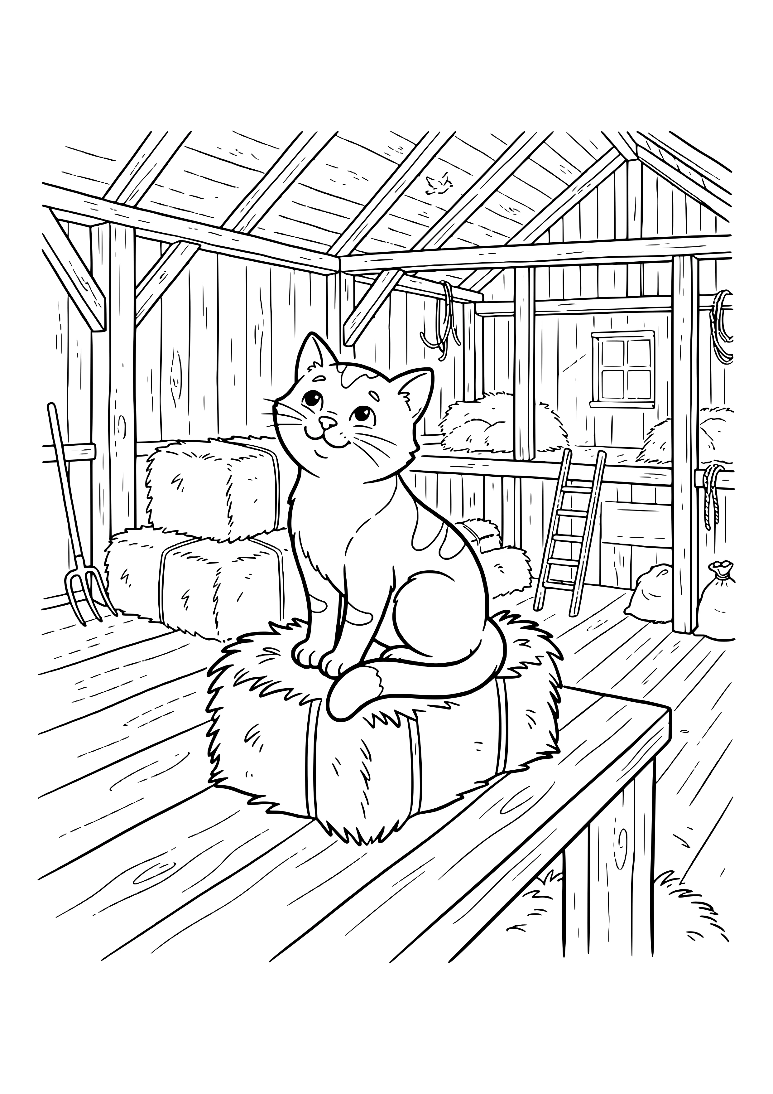 Spotted barn cat sitting on a hay bale in the hayloft of a wooden barn with roof beams, hay bales, pitchfork, ladder, ropes and window – coloring page to print