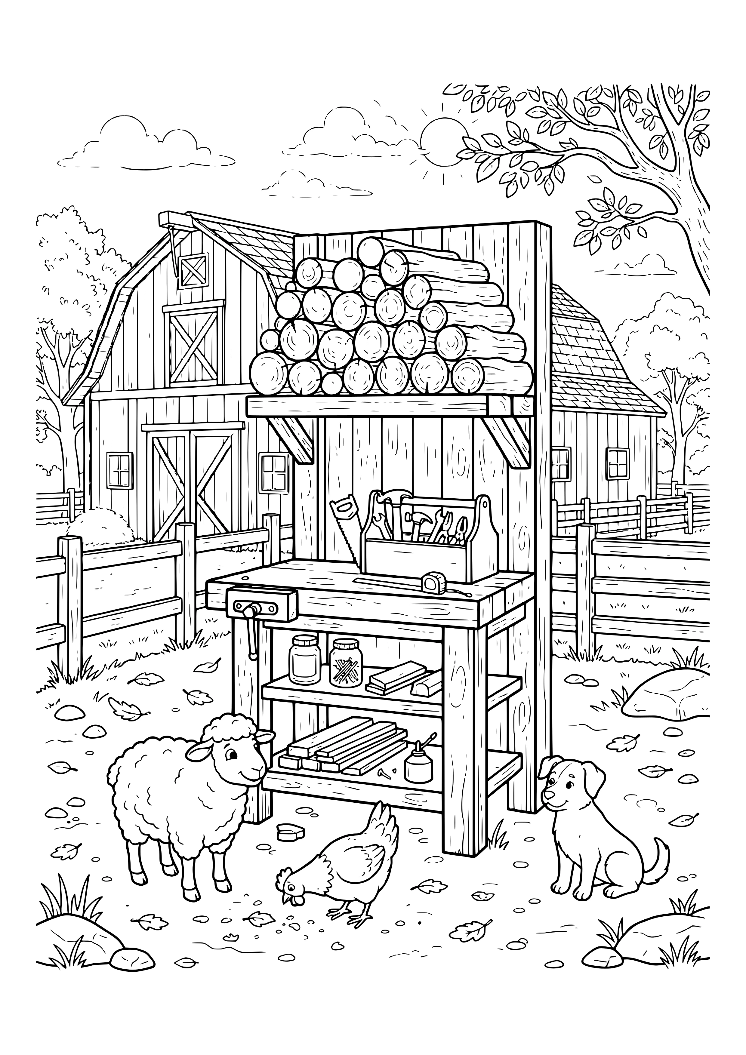 Wooden workbench with a vise, toolbox, saw, tape measure and jars of screws, a stack of logs above, a sheep, a hen and a dog in front and a barn and fence behind – coloring page to print