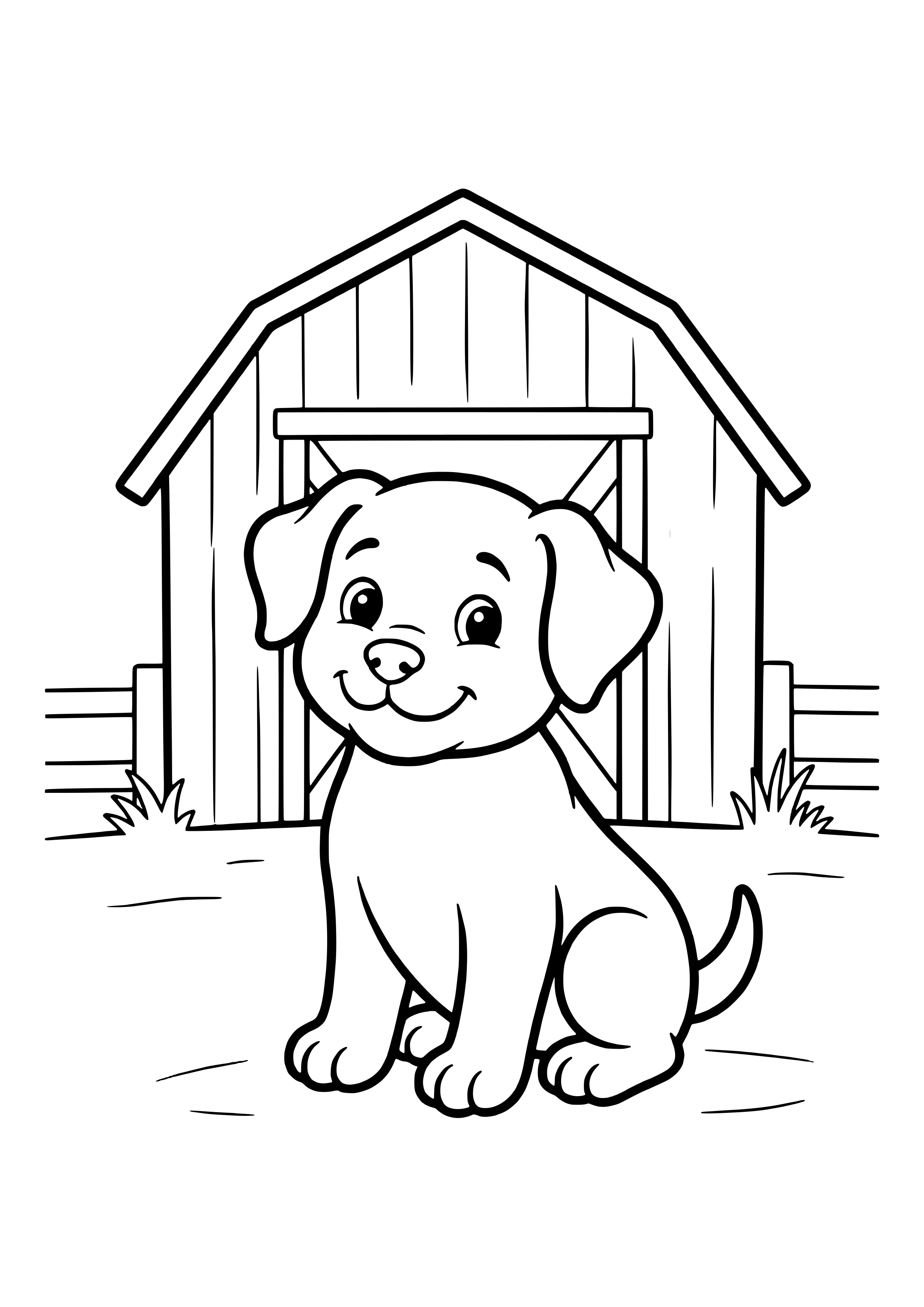 Smiling puppy with floppy ears sitting in front of a wooden barn with a big door and a fence – coloring page to print