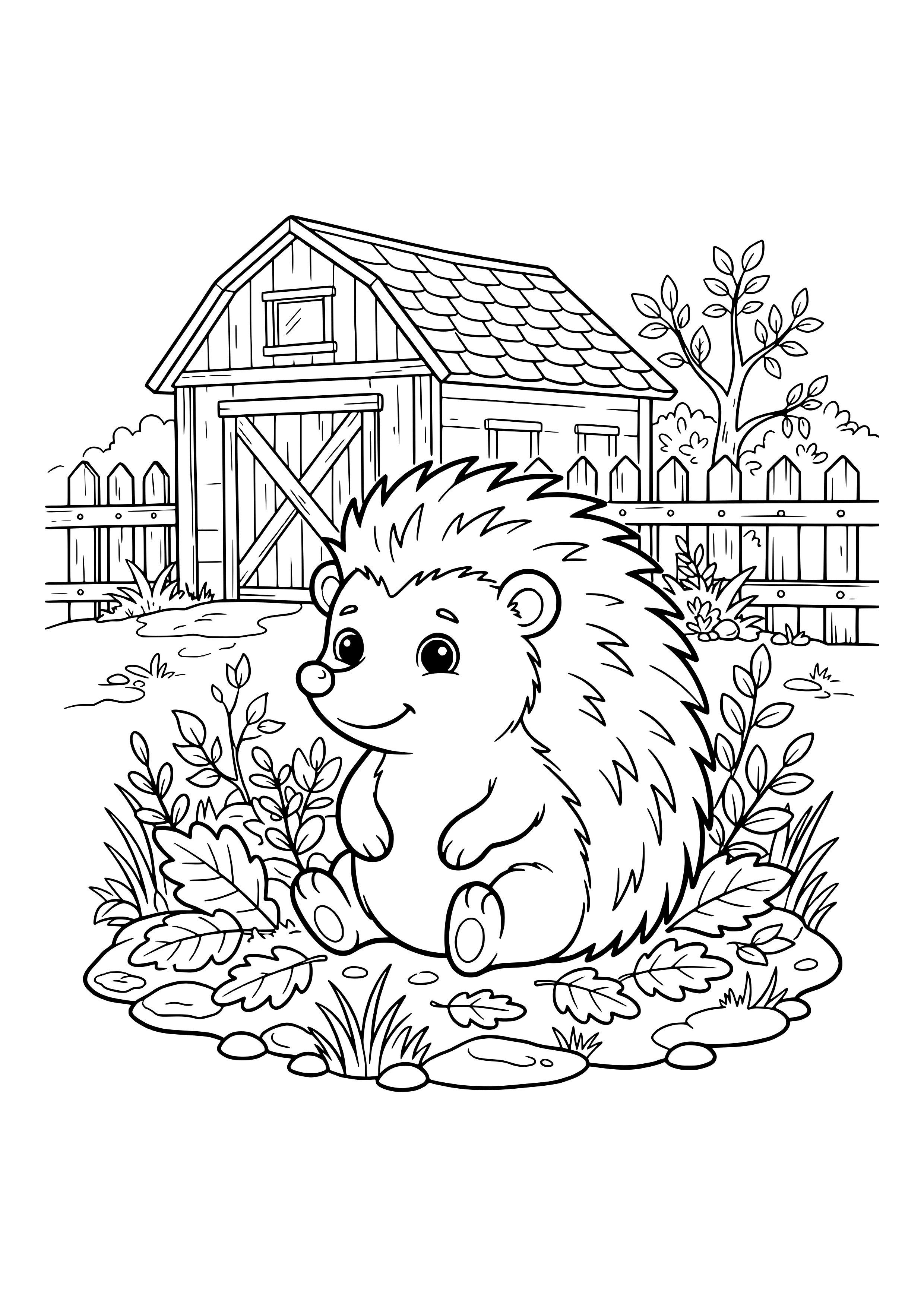 Lächelnder Igel sitzt zwischen Blättern, Zweigen und Gras, dahinter Holzscheune, Lattenzaun, Büsche und Baum – Ausmalbild zum Ausdrucken