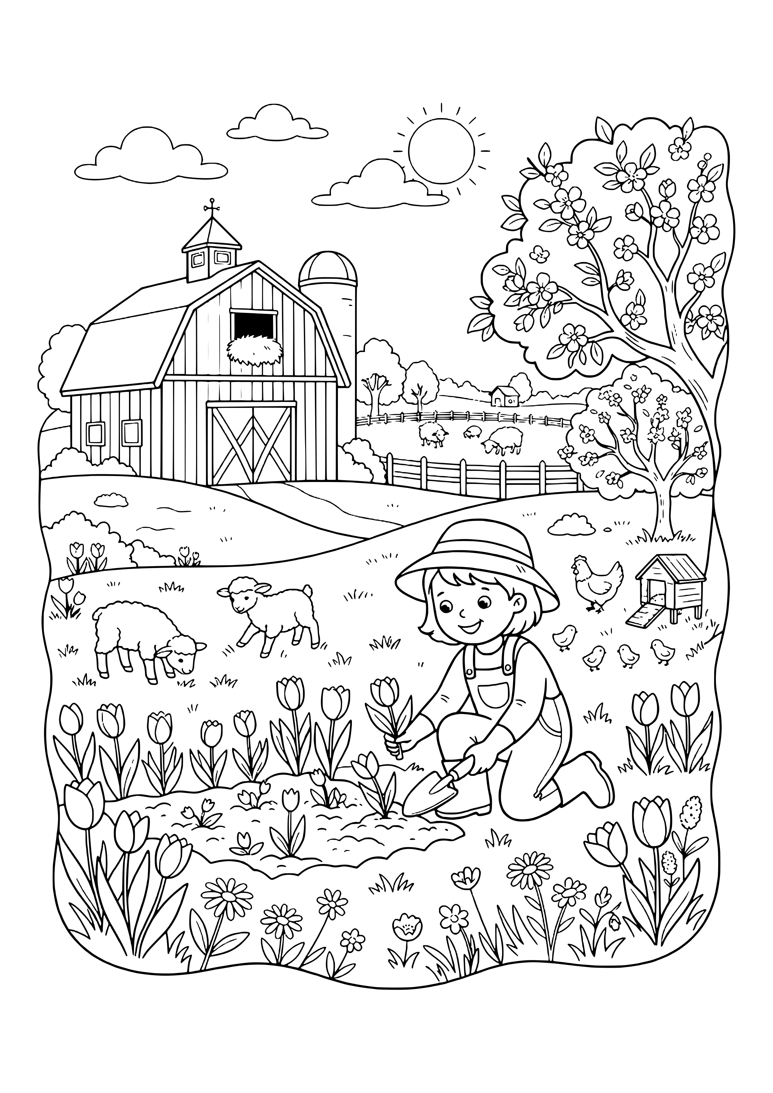 Kind mit Hut und Schaufel pflanzt Tulpen auf dem Bauernhof, dahinter Scheune mit Silo, Schaf, Lamm, Henne mit Küken und blühender Baum – Ausmalbild zum Ausdrucken