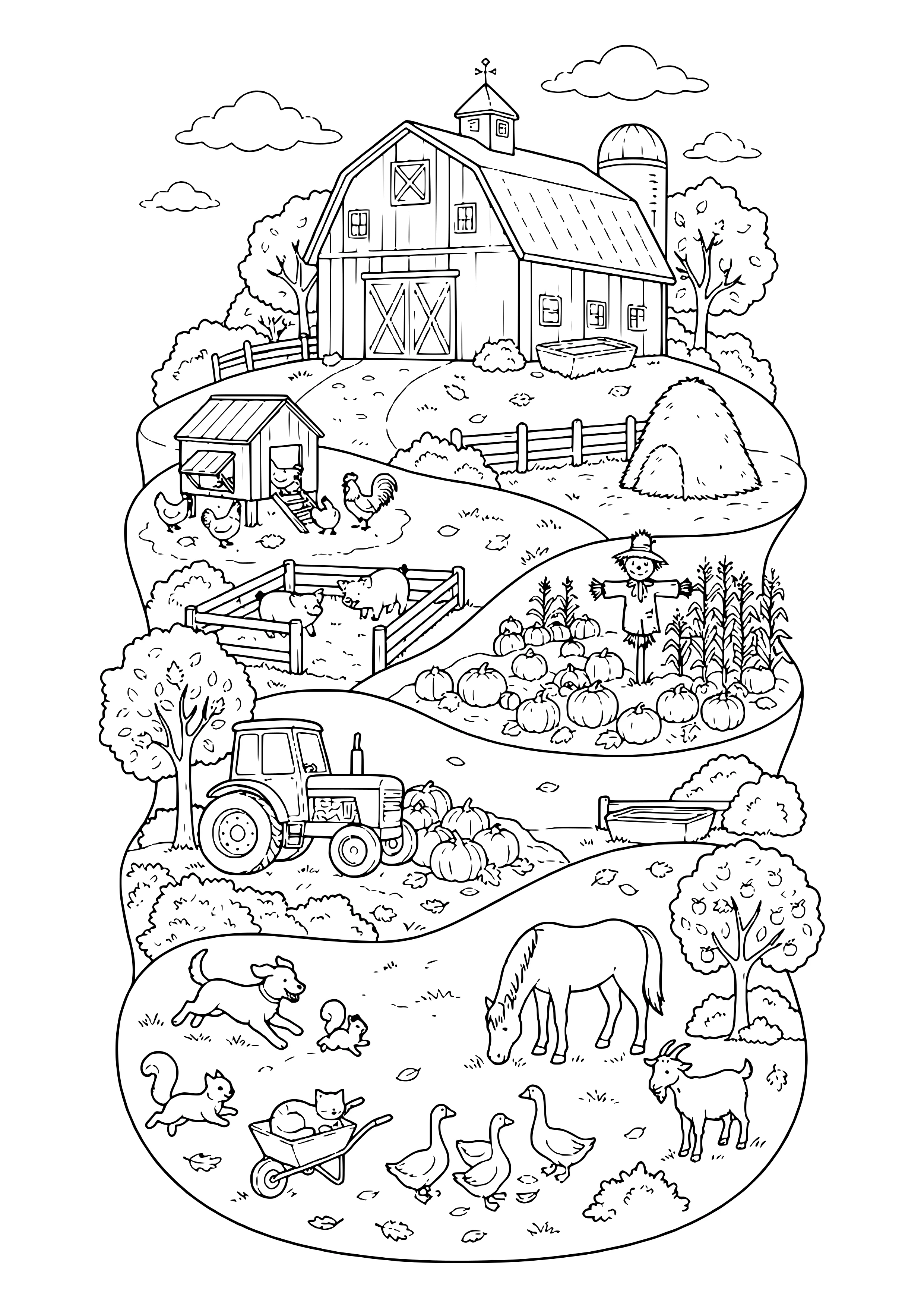 Herbstlicher Bauernhof mit Scheune, Hühnerstall, Heuhaufen, Vogelscheuche, Kürbisfeld, Traktor mit Kürbissen, Pferd, Ziege, vier Gänsen, Hund, Eichhörnchen und Katze in der Schubkarre – Ausmalbild zum Ausdrucken
