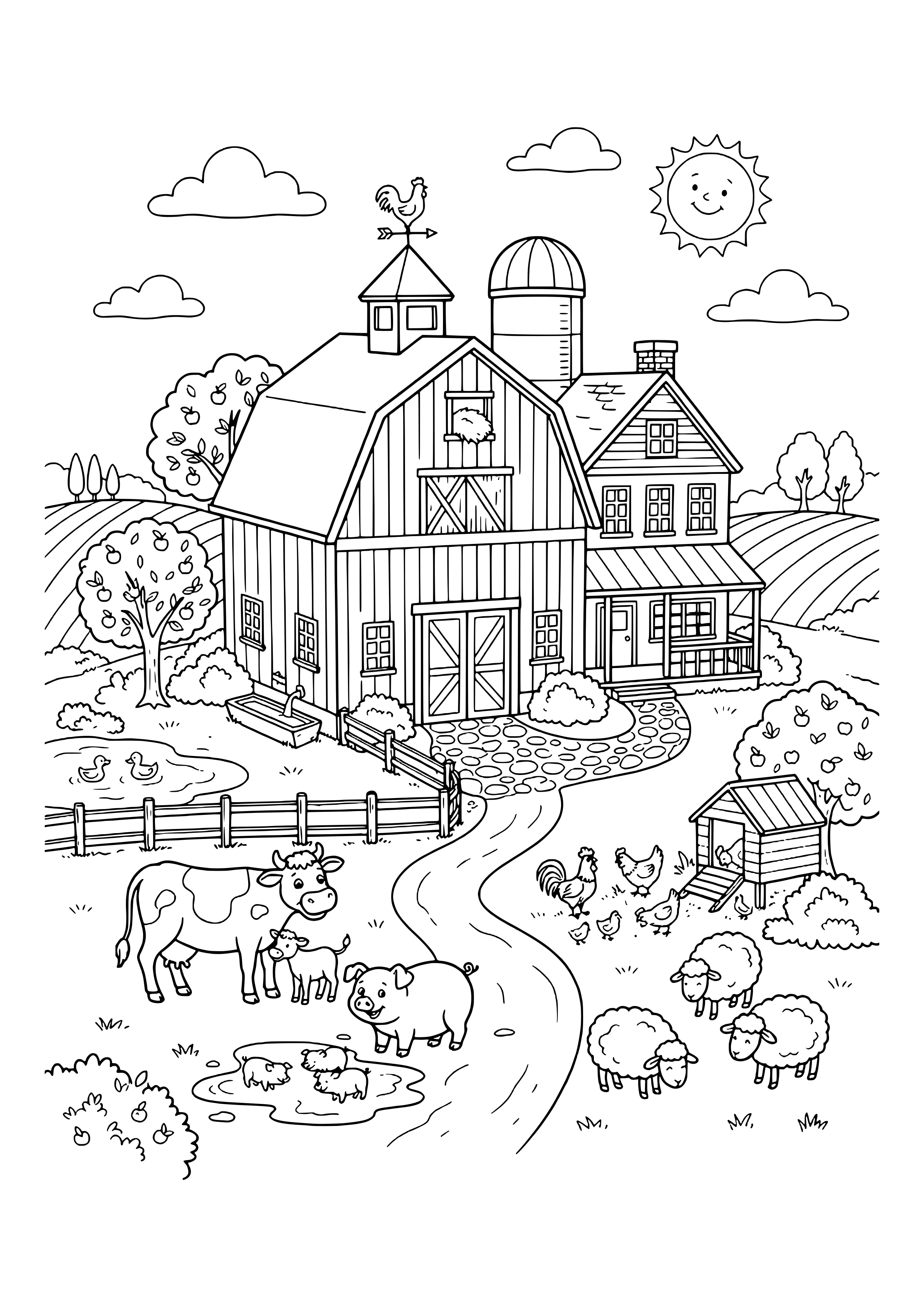 Summer farm with a barn, silo, farmhouse, apple trees, duck pond, cow and calf, a pig with piglets in the mud, chickens, and four sheep – coloring page to print