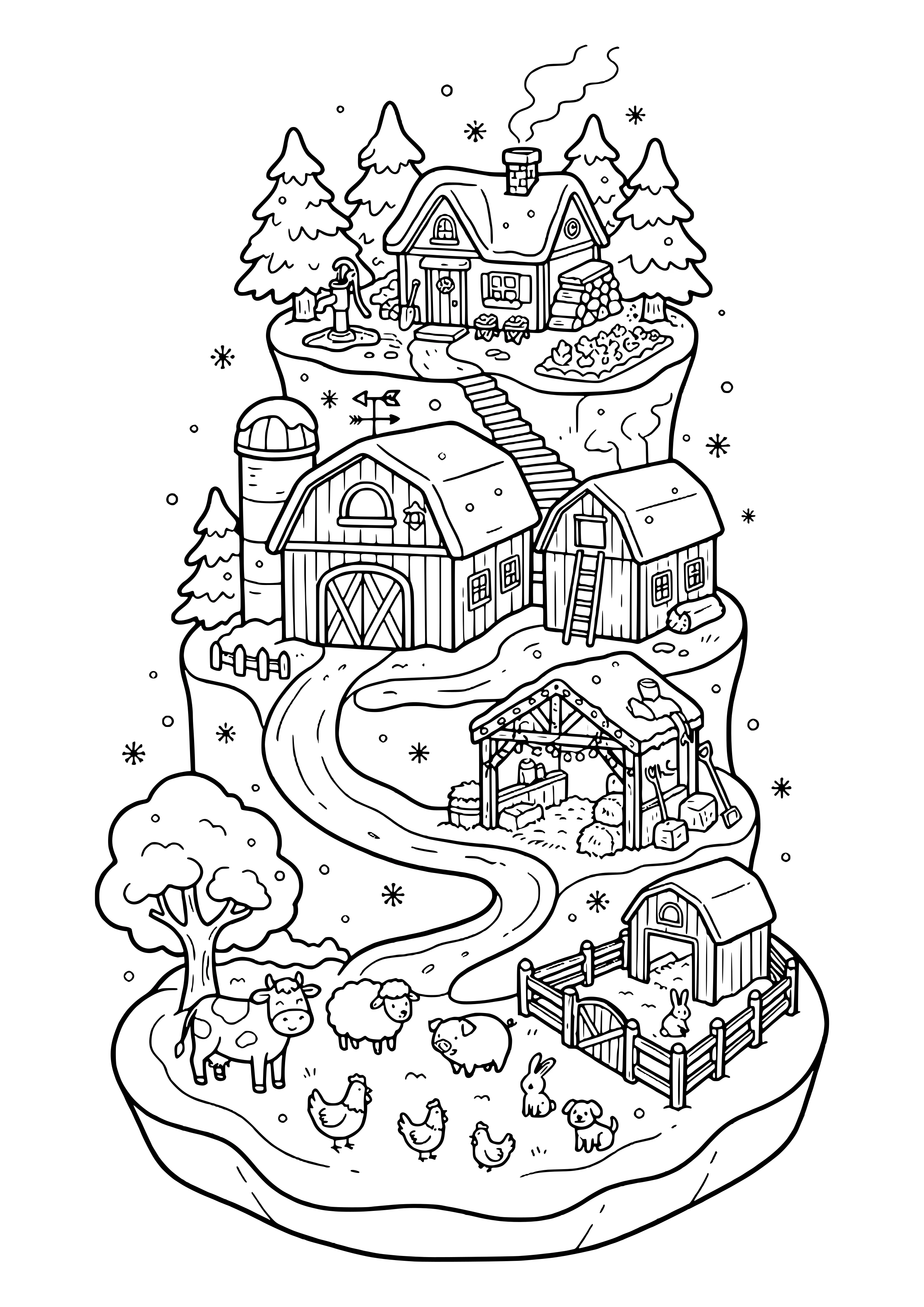 Snowy farm on several tiers with a farmhouse and smoking chimney, pine trees, two barns, a silo, a shelter with string lights and hay bales, plus a cow, sheep, pig, bunnies, dog, and three hens – coloring page to print