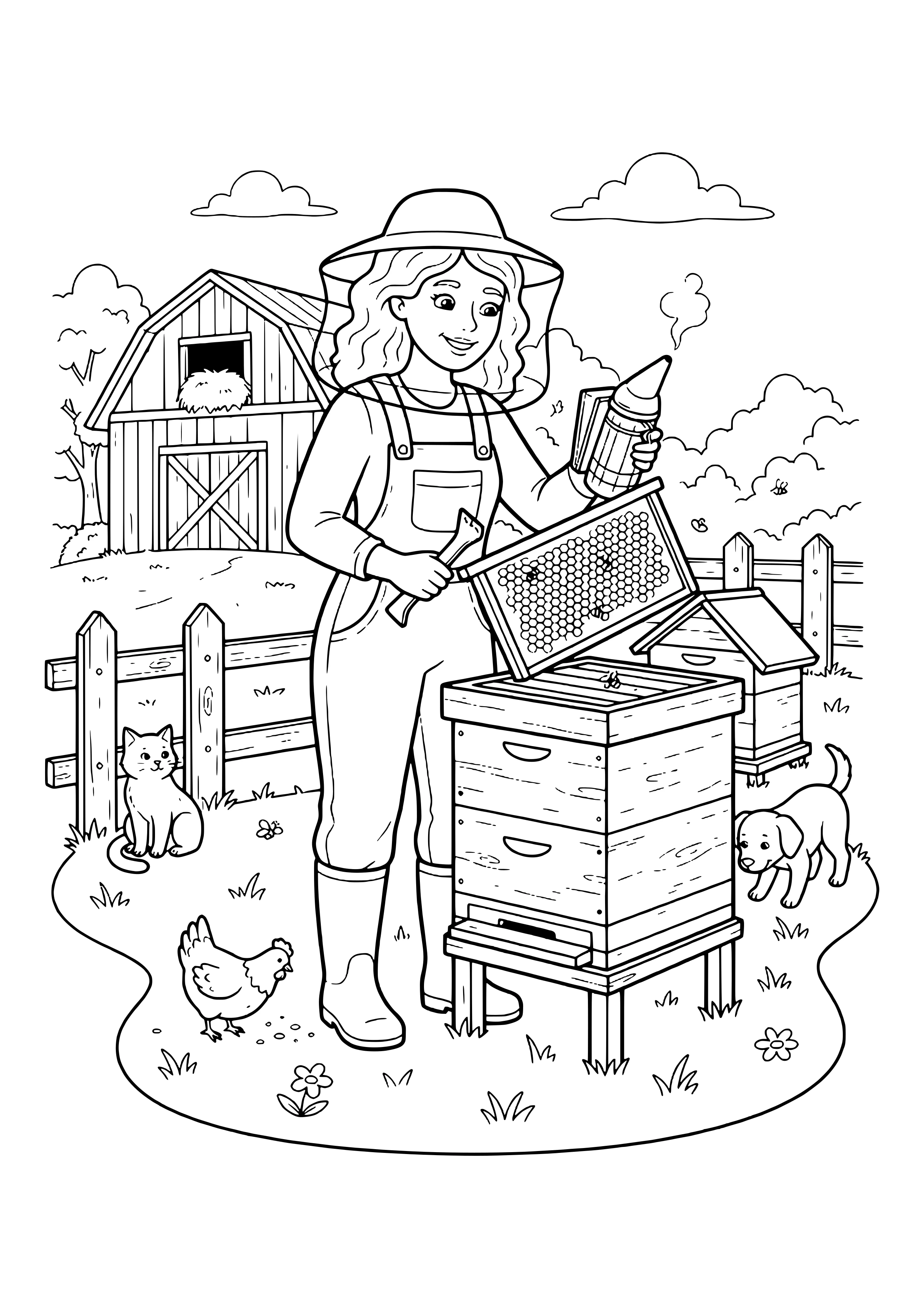 Beekeeper in a veiled hat and overalls holding a honeycomb frame and smoking smoker over a wooden hive, with a second hive, barn and fence behind and a cat, hen and puppy nearby – coloring page to print