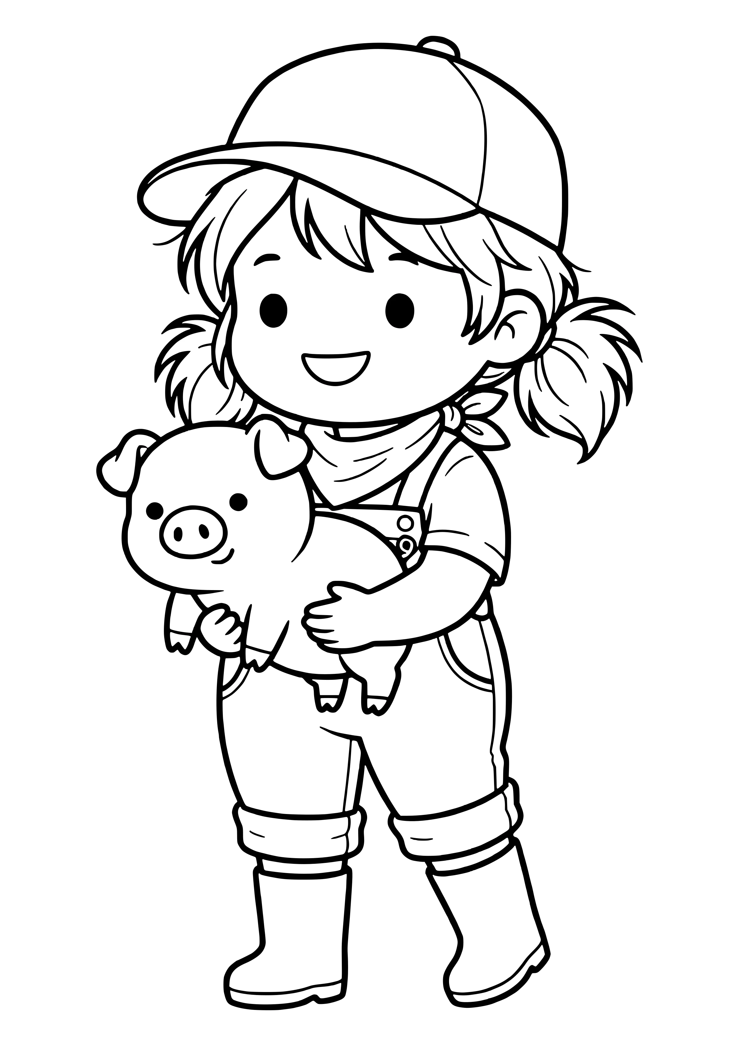 Girl in a cap, pigtails, bandana, overalls and rubber boots carrying a smiling piglet – coloring page to print
