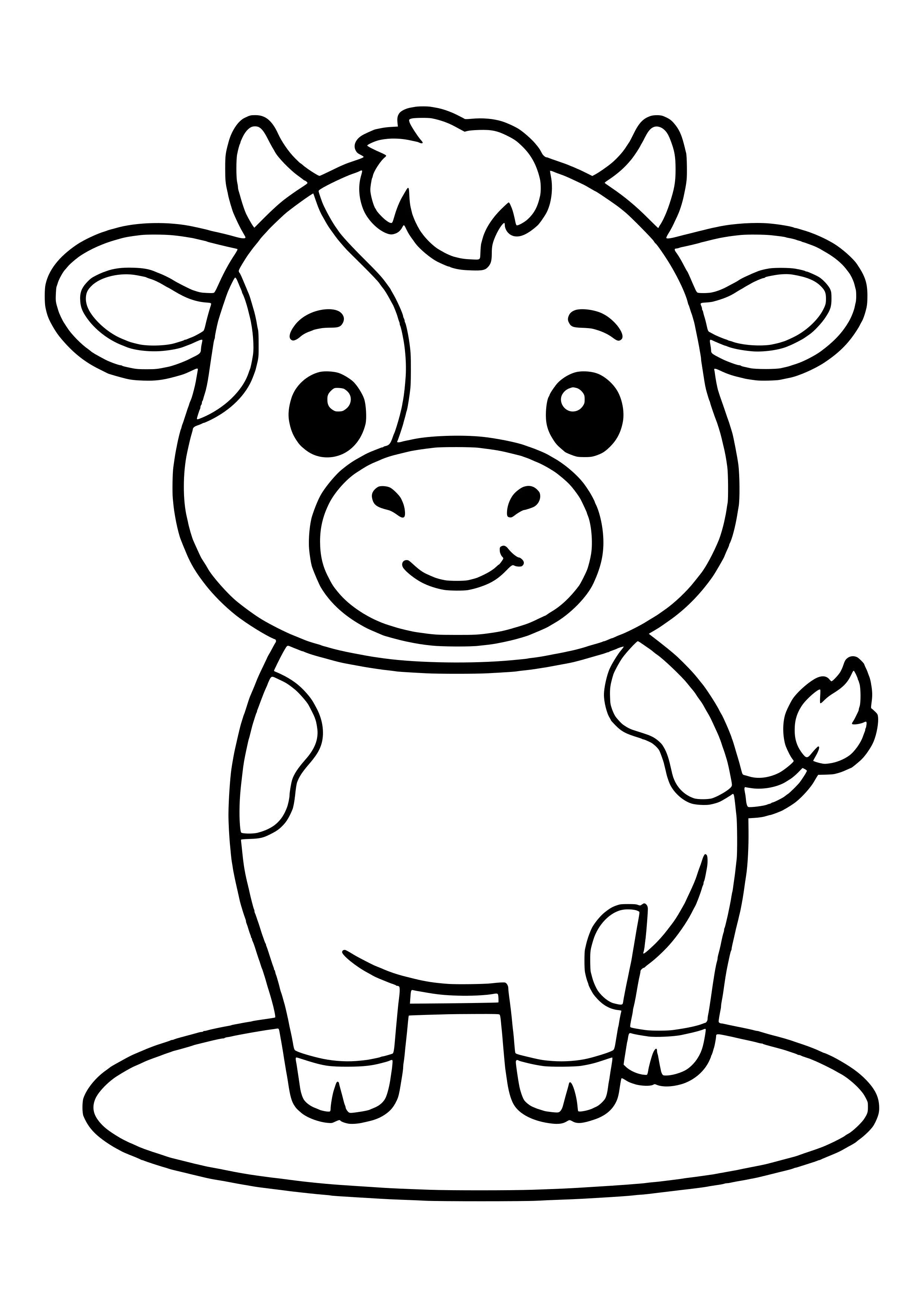 Smiling kawaii calf with big eyes, a curly forelock, spots and a tufted tail standing on an oval patch – coloring page to print