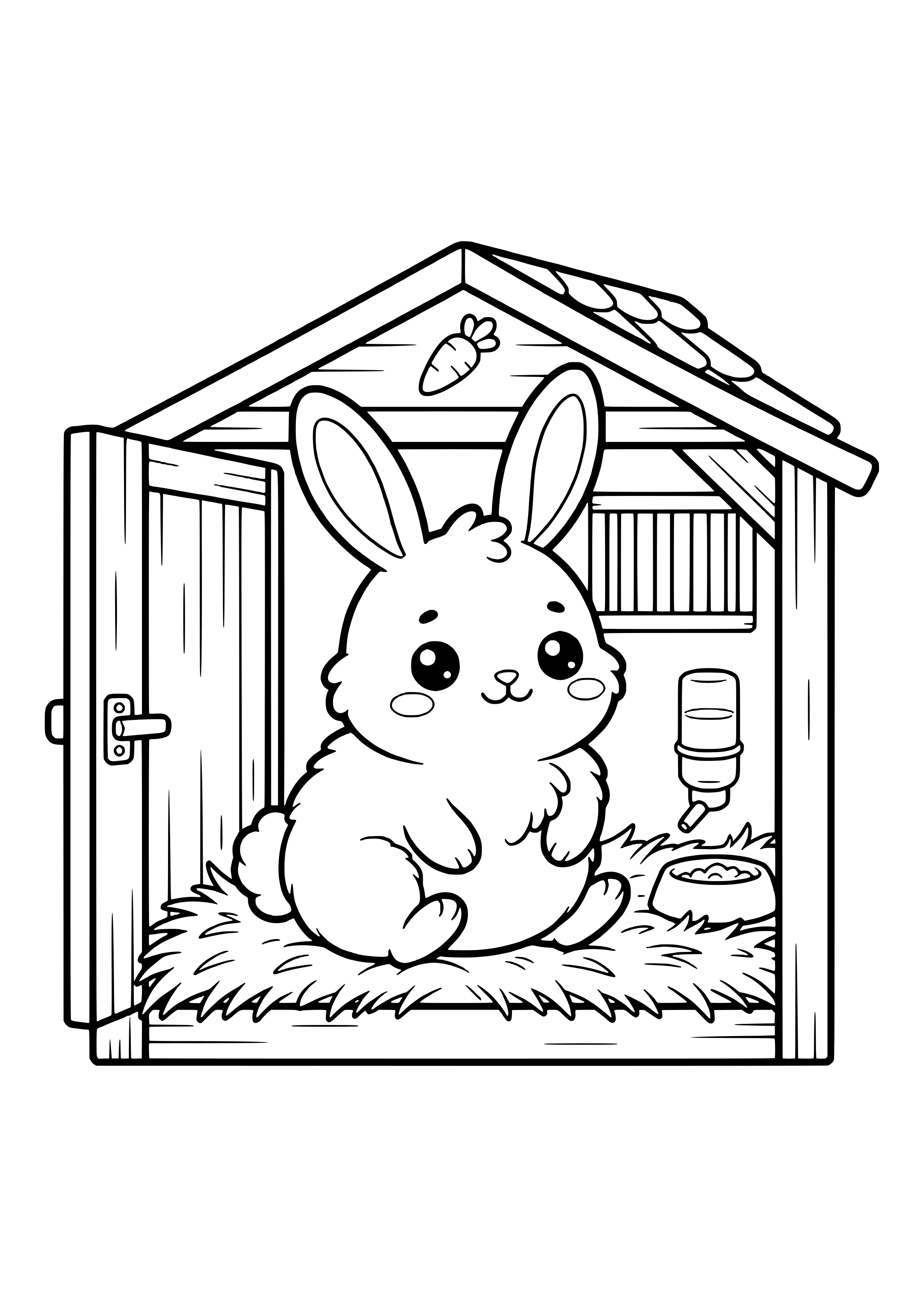 Round kawaii rabbit with long ears sitting on straw in a wooden hutch with an open door, carrot sign, water bottle and food bowl – coloring page to print