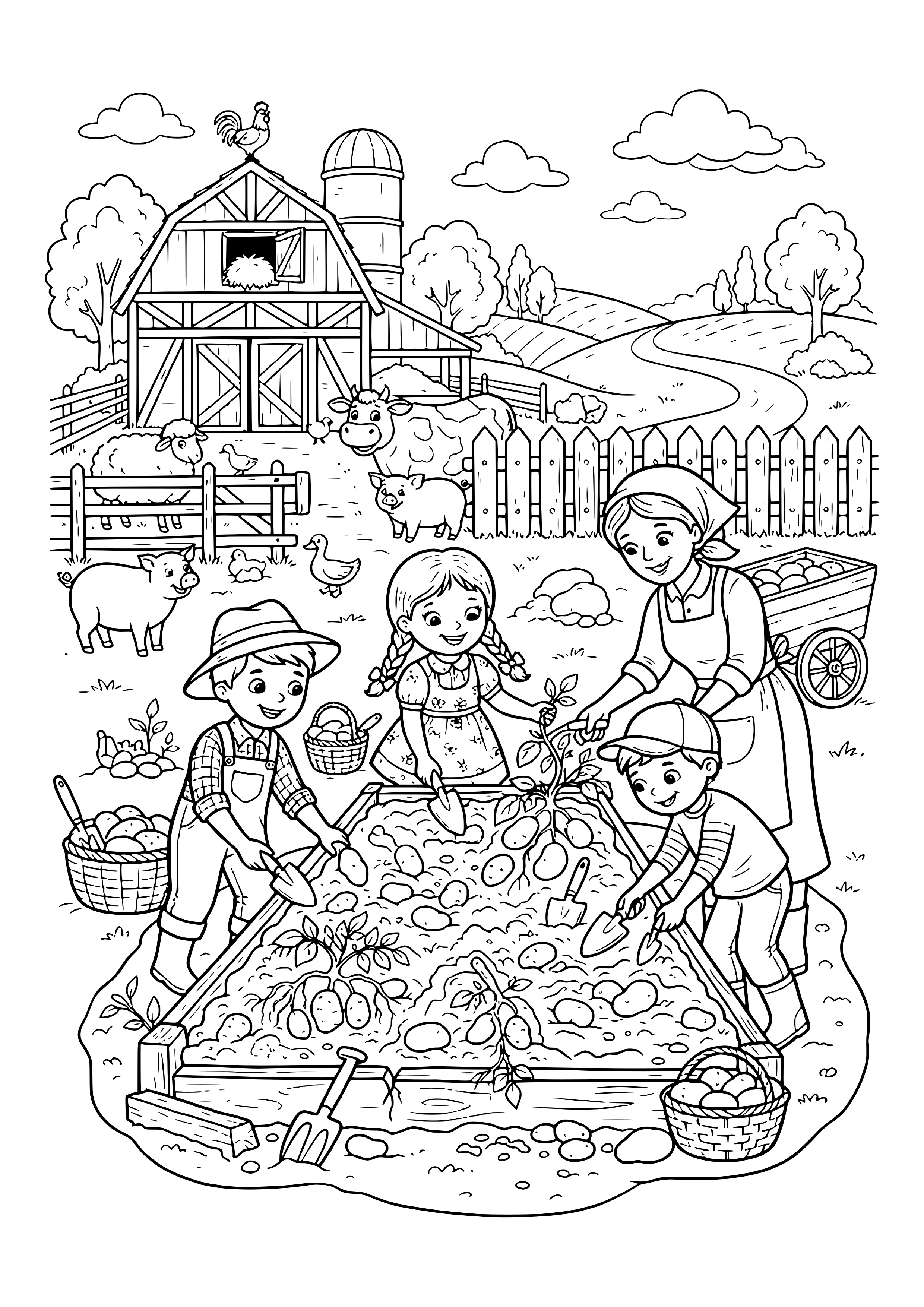 Three kids and a farmer digging potatoes from a wooden garden bed, with baskets, a cart, a garden fork, a barn, a silo and farm animals – coloring page to print