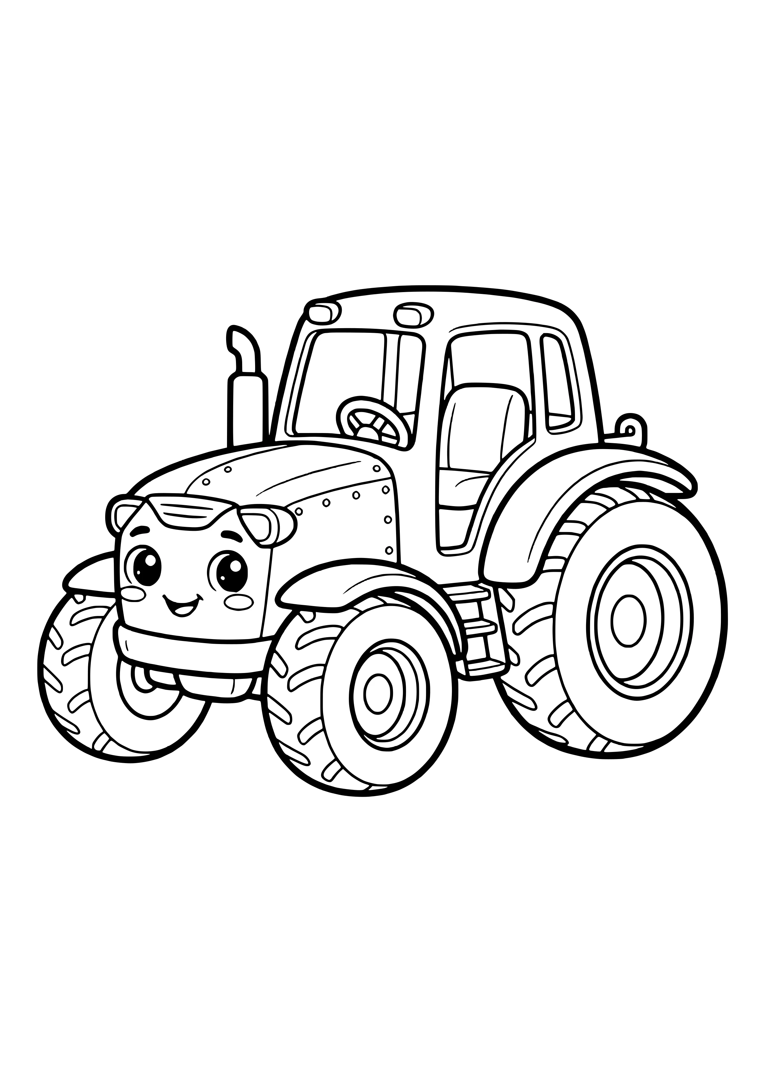 Kleiner runder Traktor mit Kulleraugen, roten Bäckchen, Kabine und großen Rädern ohne Hintergrund – Ausmalbild zum Ausdrucken