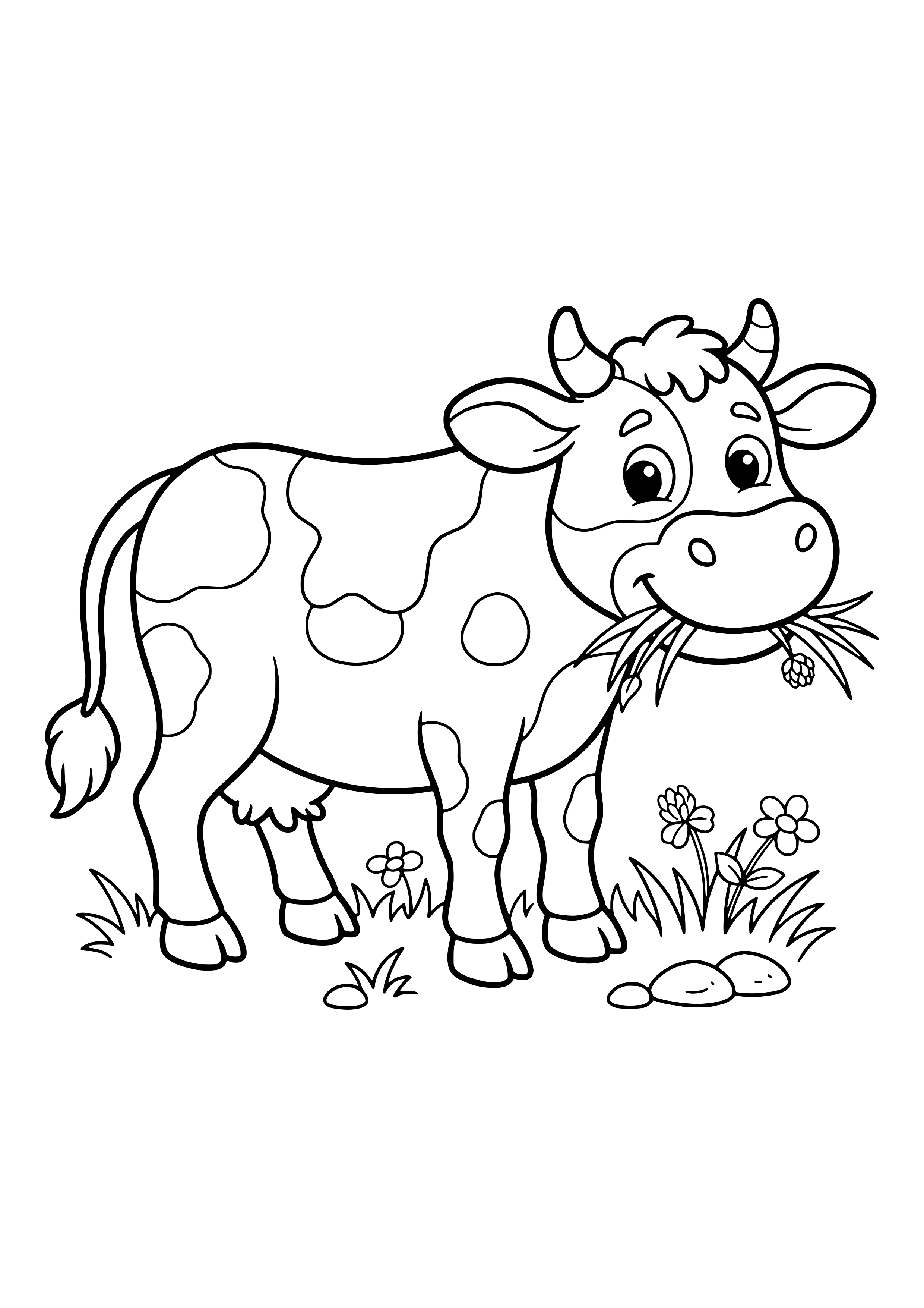 Gefleckte Kuh im Cartoon-Stil mit Grasbüschel und Kleeblüte im Maul auf einer Wiese mit Blumen und Steinen – Ausmalbild zum Ausdrucken