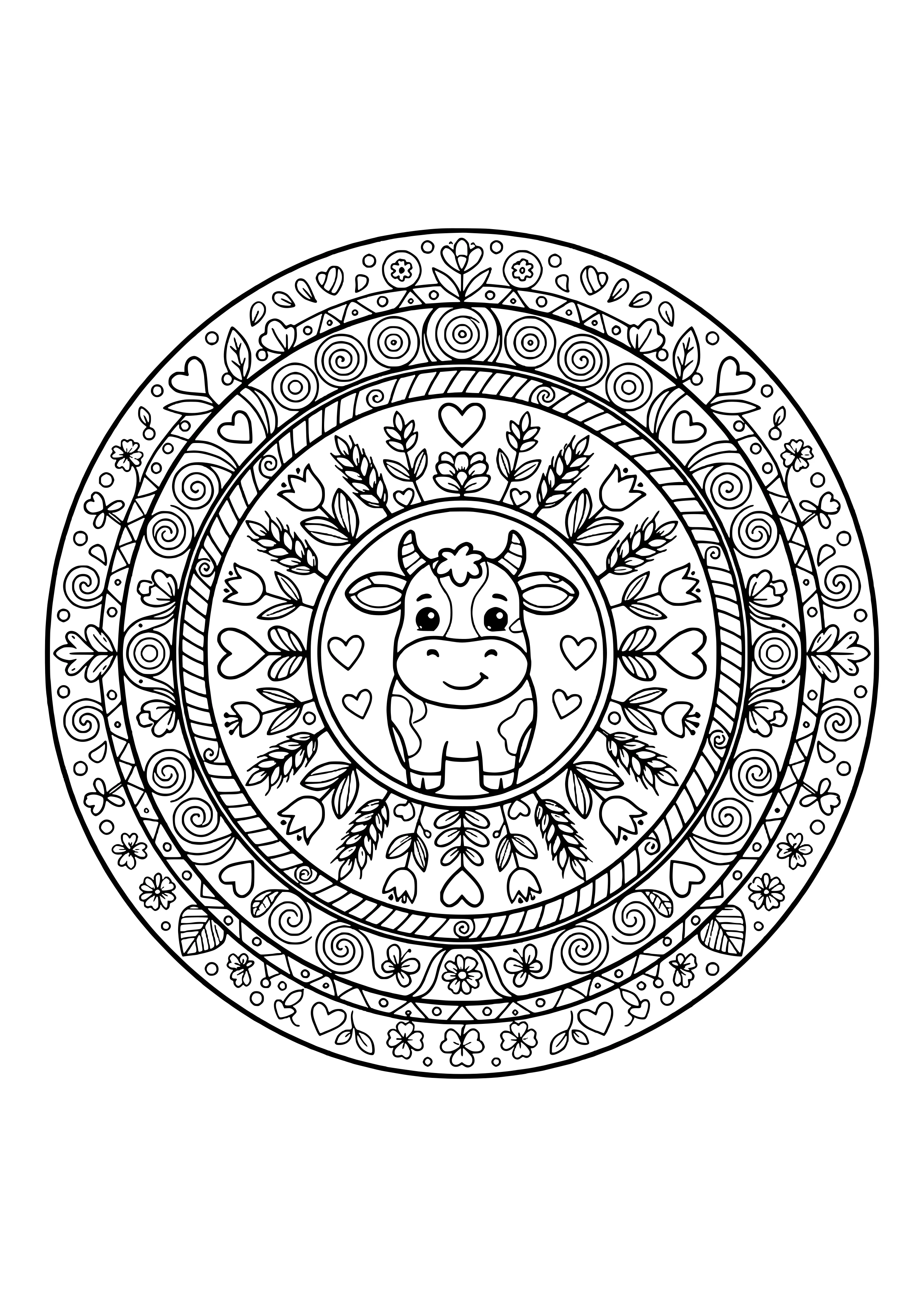 Round mandala with a cute cow in the center surrounded by rings of tulips, wheat, hearts, swirls, flowers and clover – coloring page to print