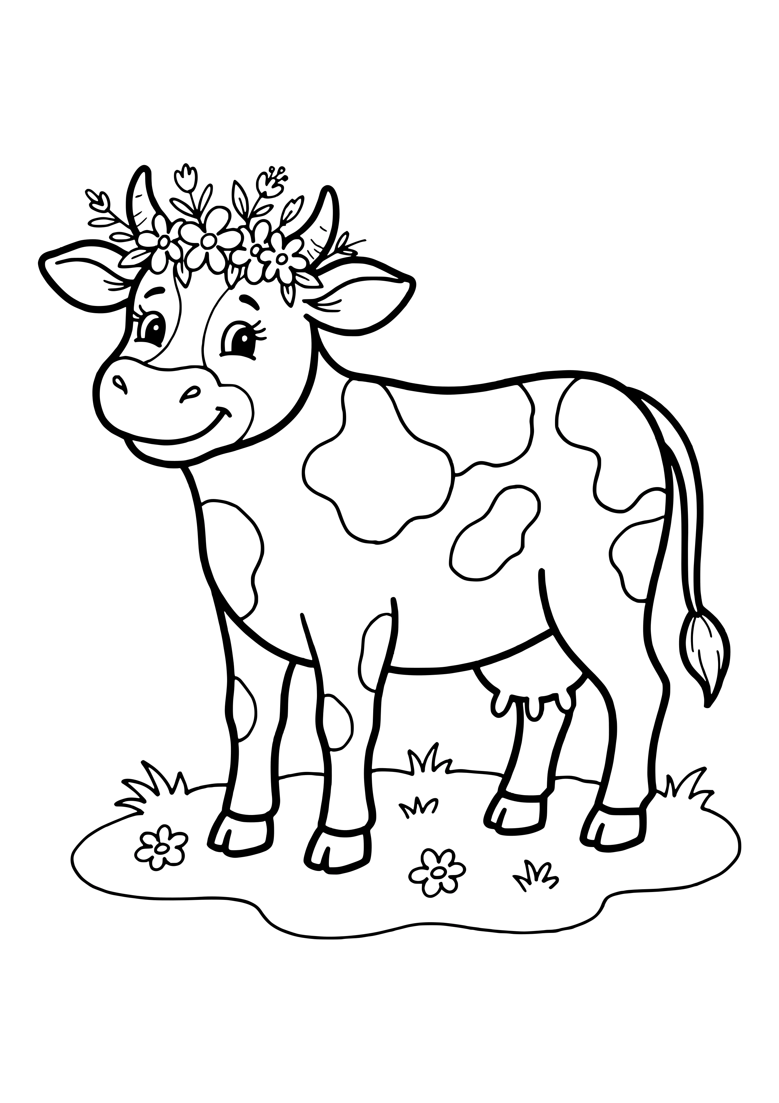 Spotted cow with long eyelashes and a flower crown between her horns on grass with two little flowers – coloring page to print