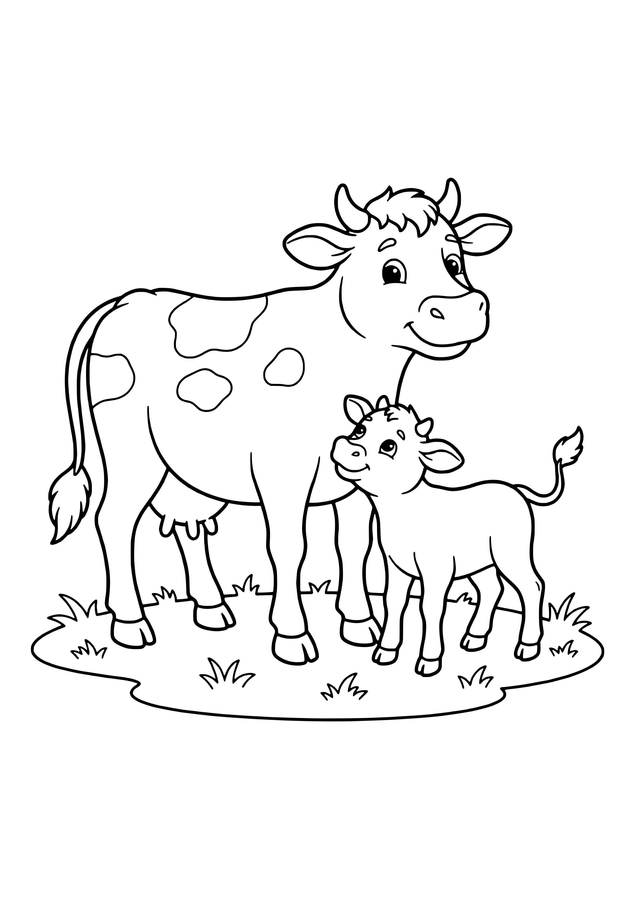 Spotted mother cow with udder and her small calf snuggling against her in a grassy pasture – coloring page to print