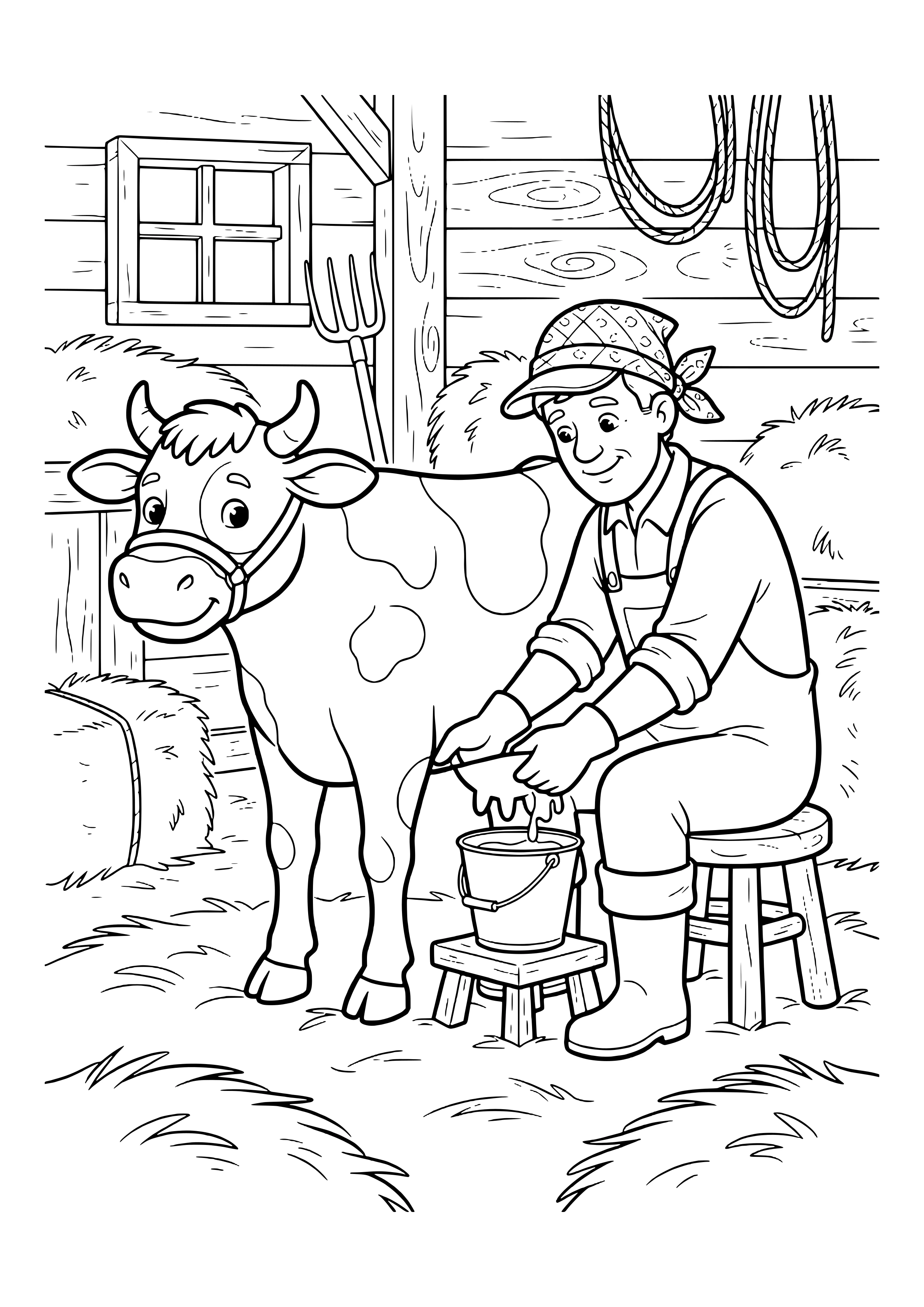 Farmer in a bandana and overalls sitting on a wooden stool milking a spotted cow into a pail, in a barn with hay, a pitchfork, a window and ropes – coloring page to print