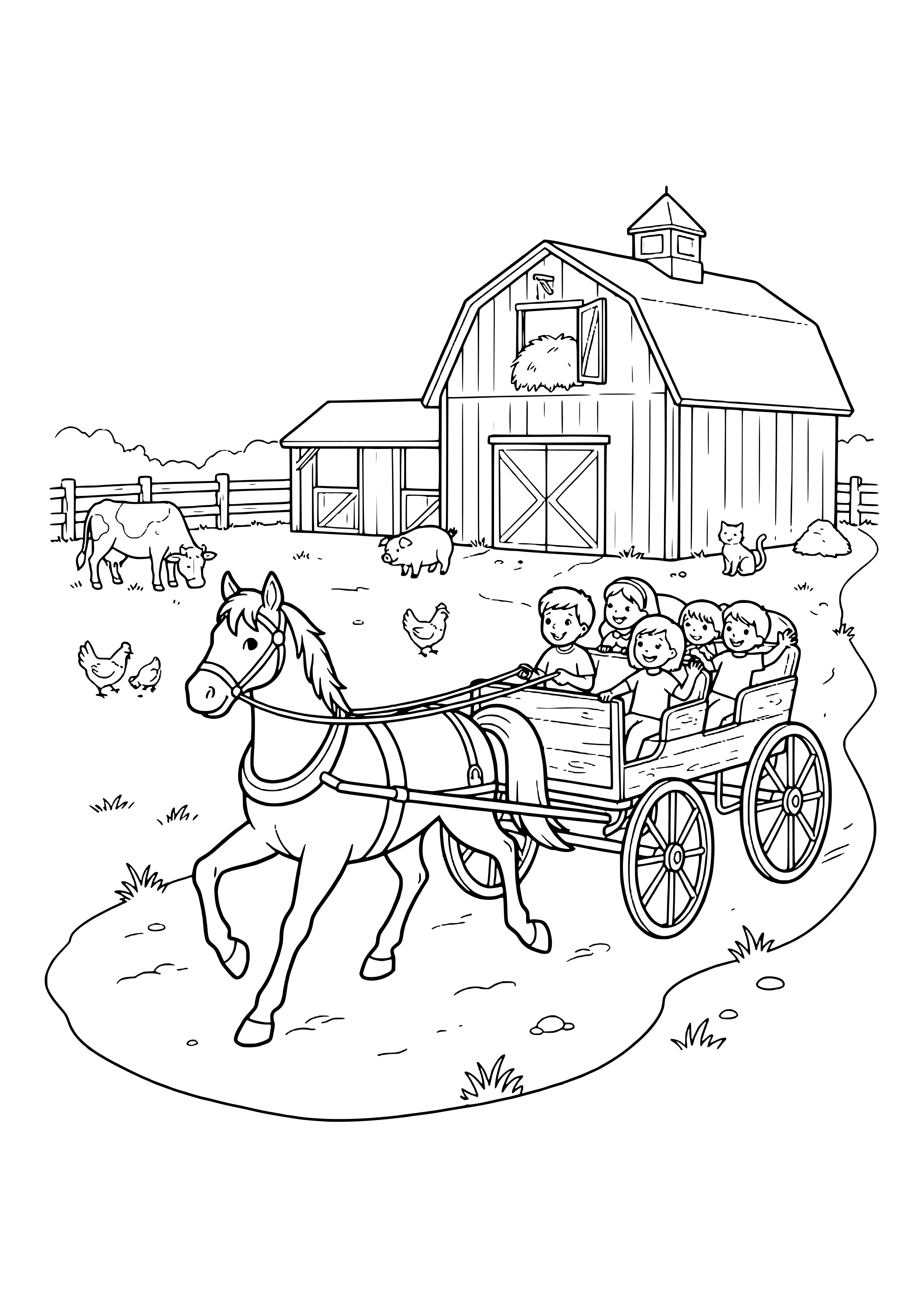 Horse pulling a wooden wagon with five happy kids along a farm path, with a barn and hayloft, a shed, a fence, a cow, a pig, chickens and a cat behind – coloring page to print