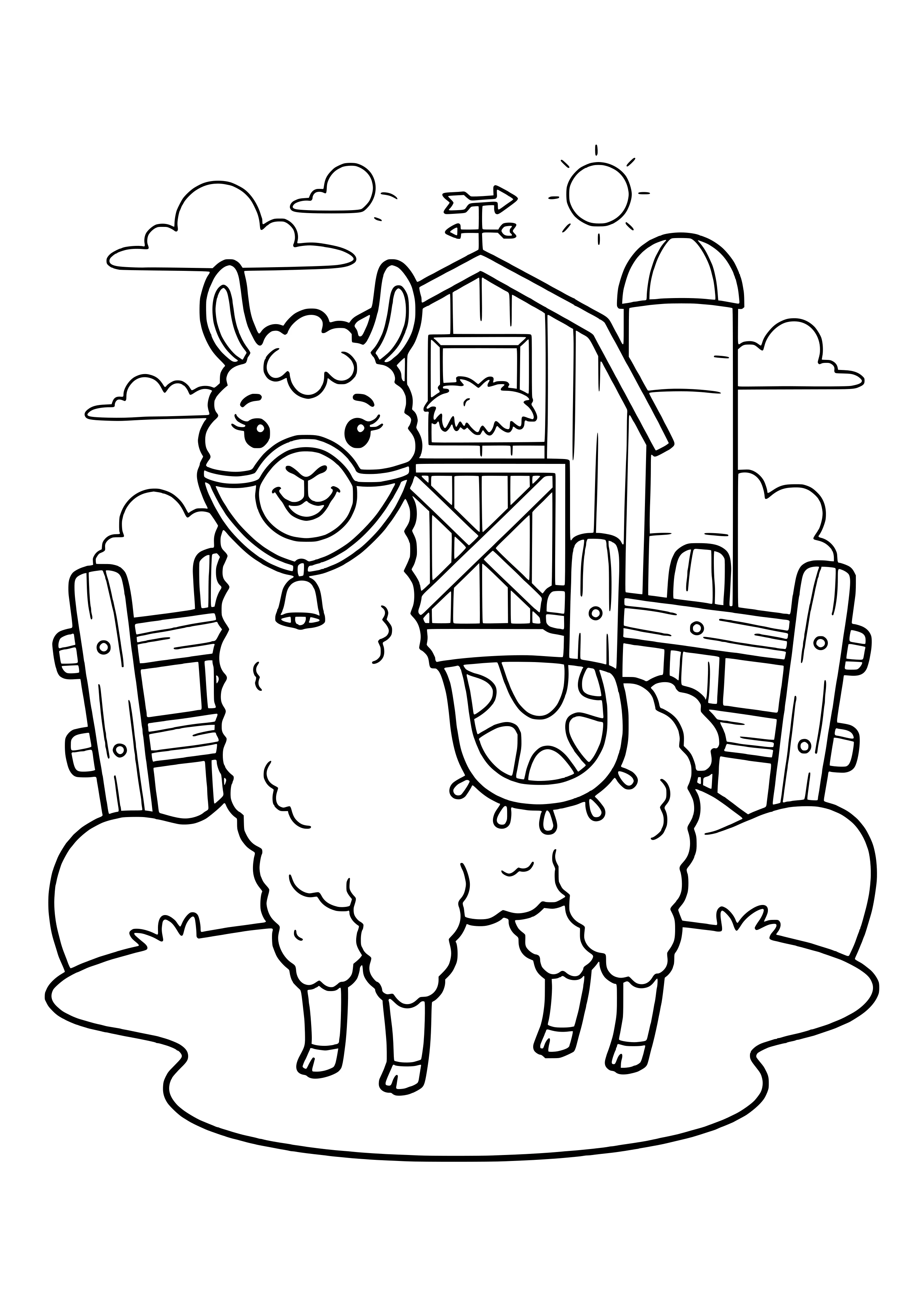 Woolly llama with a halter, little bell and patterned blanket standing in front of a wooden fence, barn and silo – coloring page to print