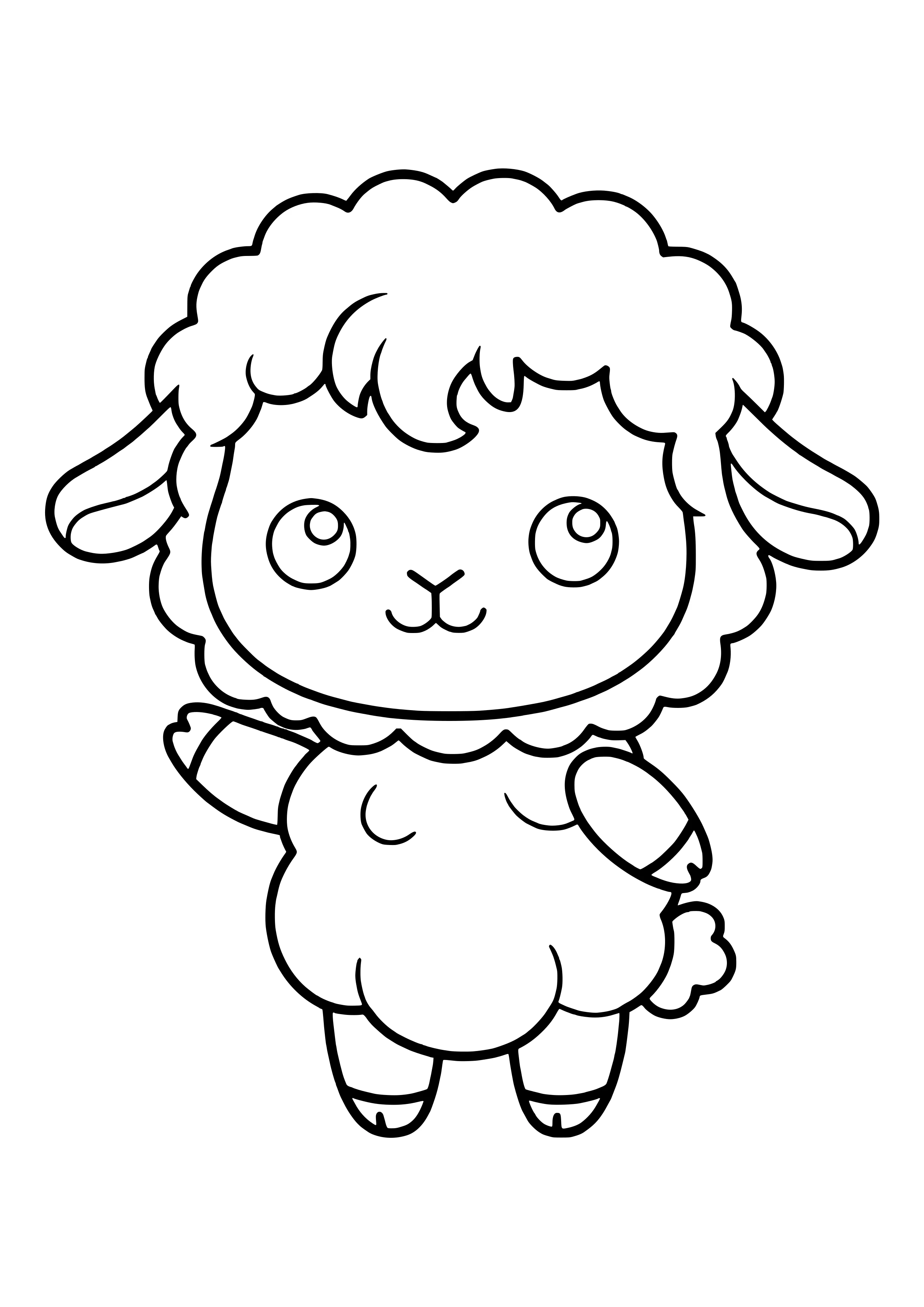 Kawaii lamb with curly wool, floppy ears and a round face standing upright and waving one front leg – coloring page to print