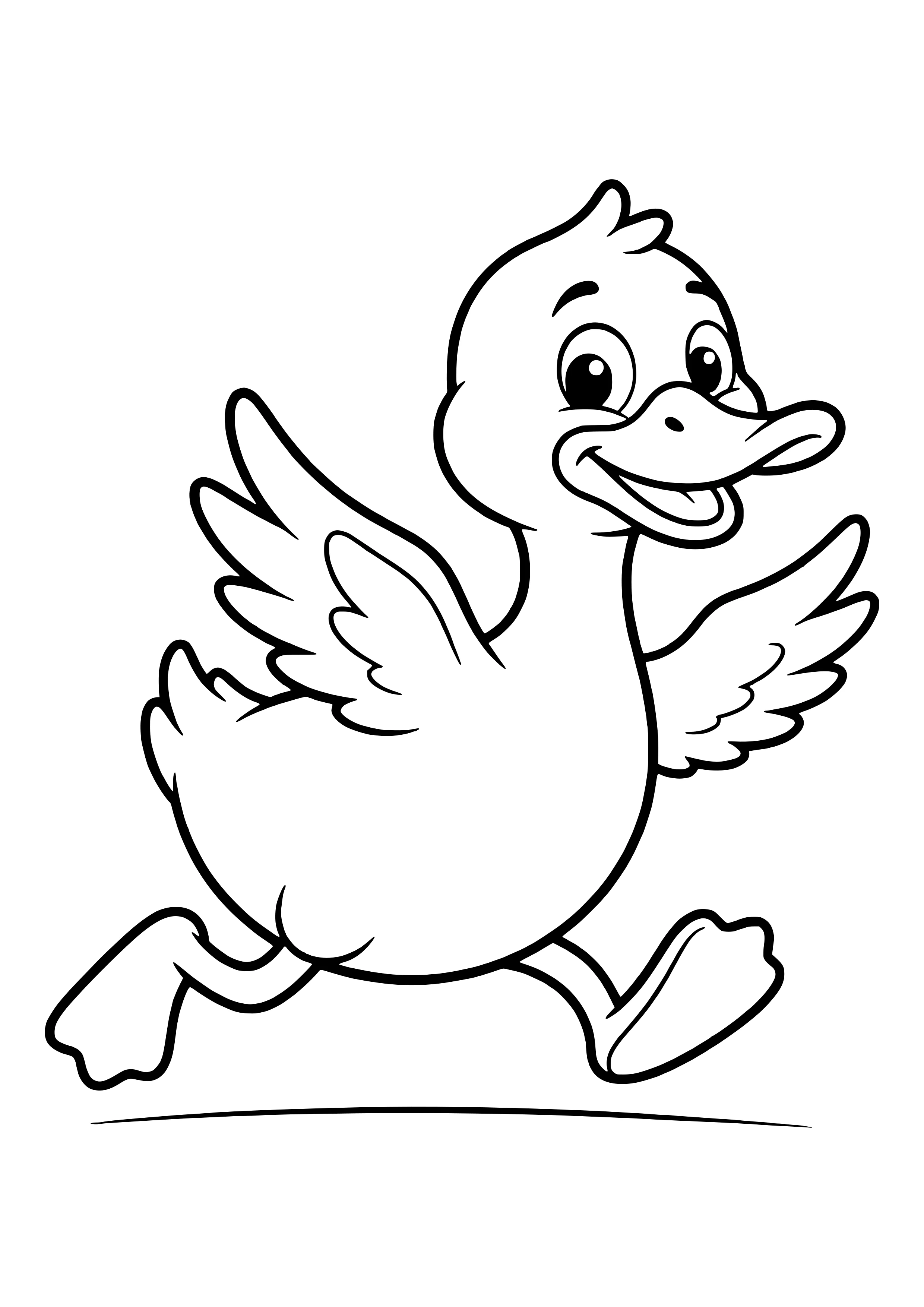 Lachende Ente rennt mit ausgebreiteten Flügeln und großen Schwimmfüßen im Cartoon-Stil – Ausmalbild zum Ausdrucken