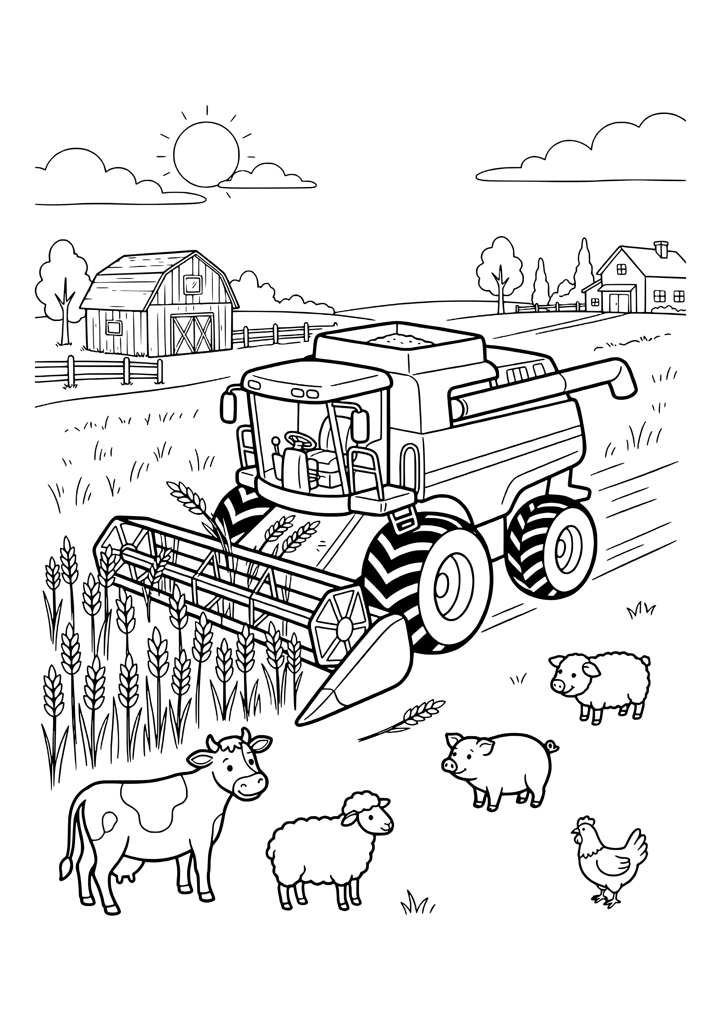 Combine harvester with header and grain tank cutting grain while a cow, sheep, pigs and a hen stand nearby, barn and farmhouse behind – coloring page to print