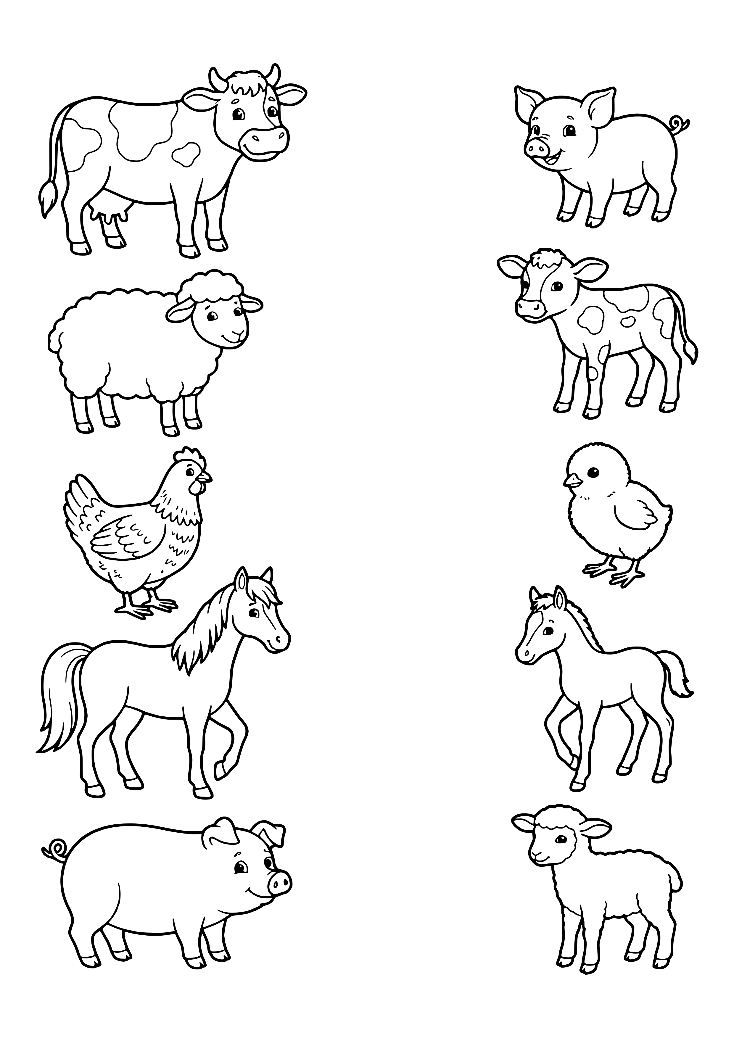 Matching worksheet with a cow, sheep, hen, horse, and pig on the left and a piglet, calf, chick, foal, and lamb on the right – coloring page to print