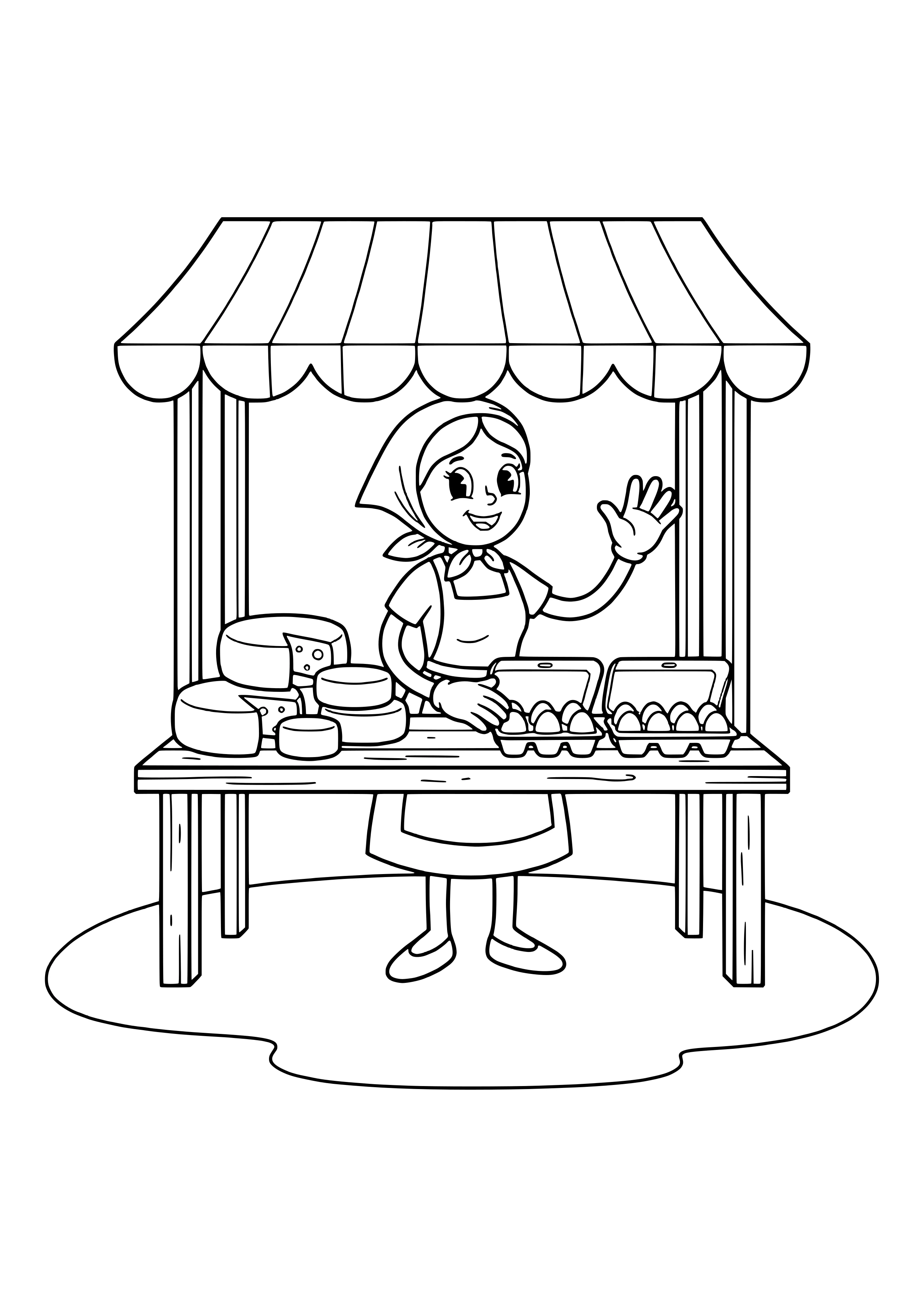 Smiling vendor in a headscarf and apron waving behind a wooden stall with a striped awning, with cheese wheels, a cut cheese with holes and two egg cartons on the table – coloring page to print