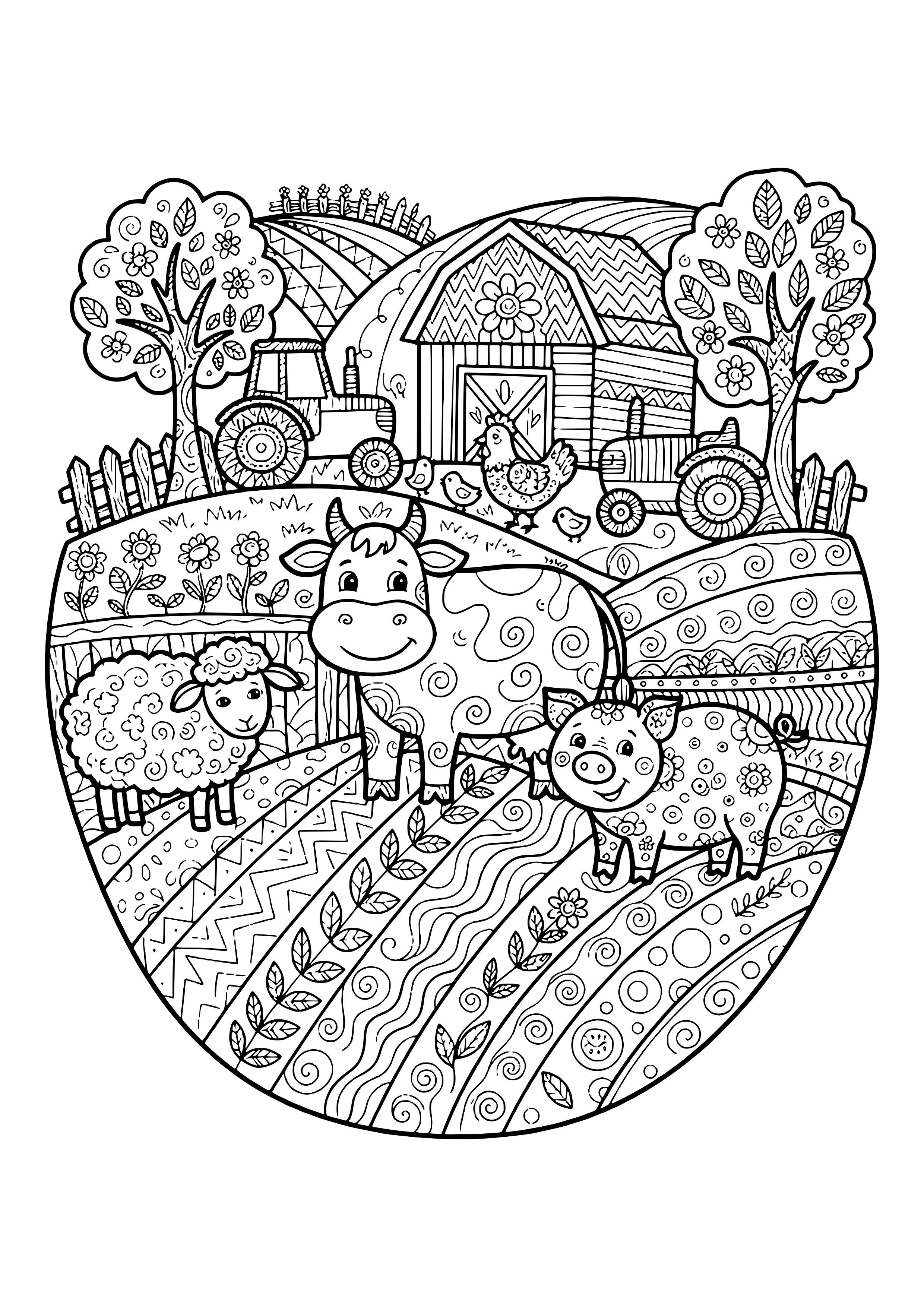 Runde Bauernhof-Szene mit gemusterter Kuh, Schaf, Schwein mit Punkten, Huhn mit zwei Küken, Scheune, zwei Traktoren, Bäumen und Feldern aus Spiralen, Wellen und Zickzacklinien – Ausmalbild zum Ausdrucken