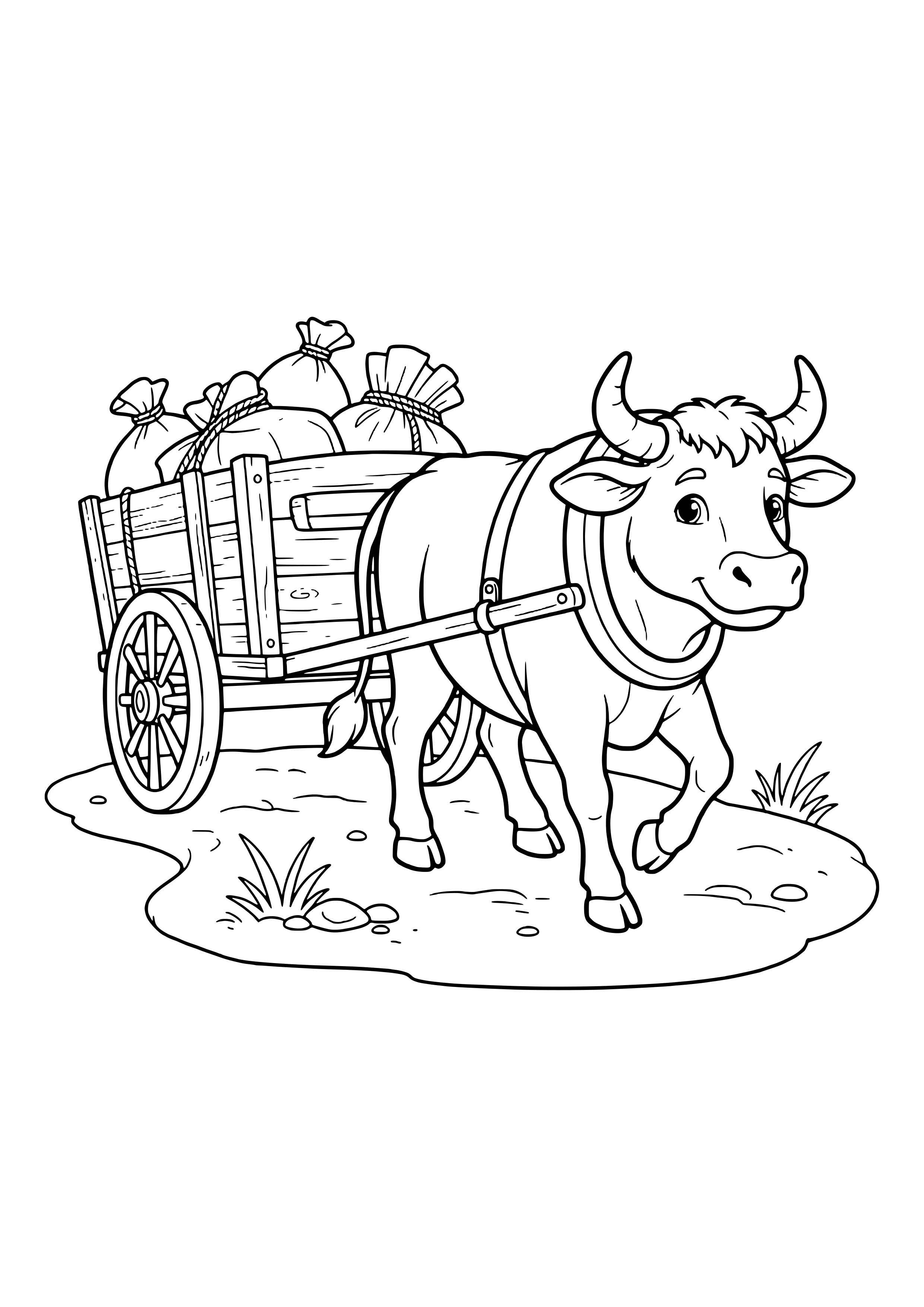 Horned ox in a harness pulling a wooden cart with a spoked wheel and tied sacks along a dirt path with grass and stones – coloring page to print