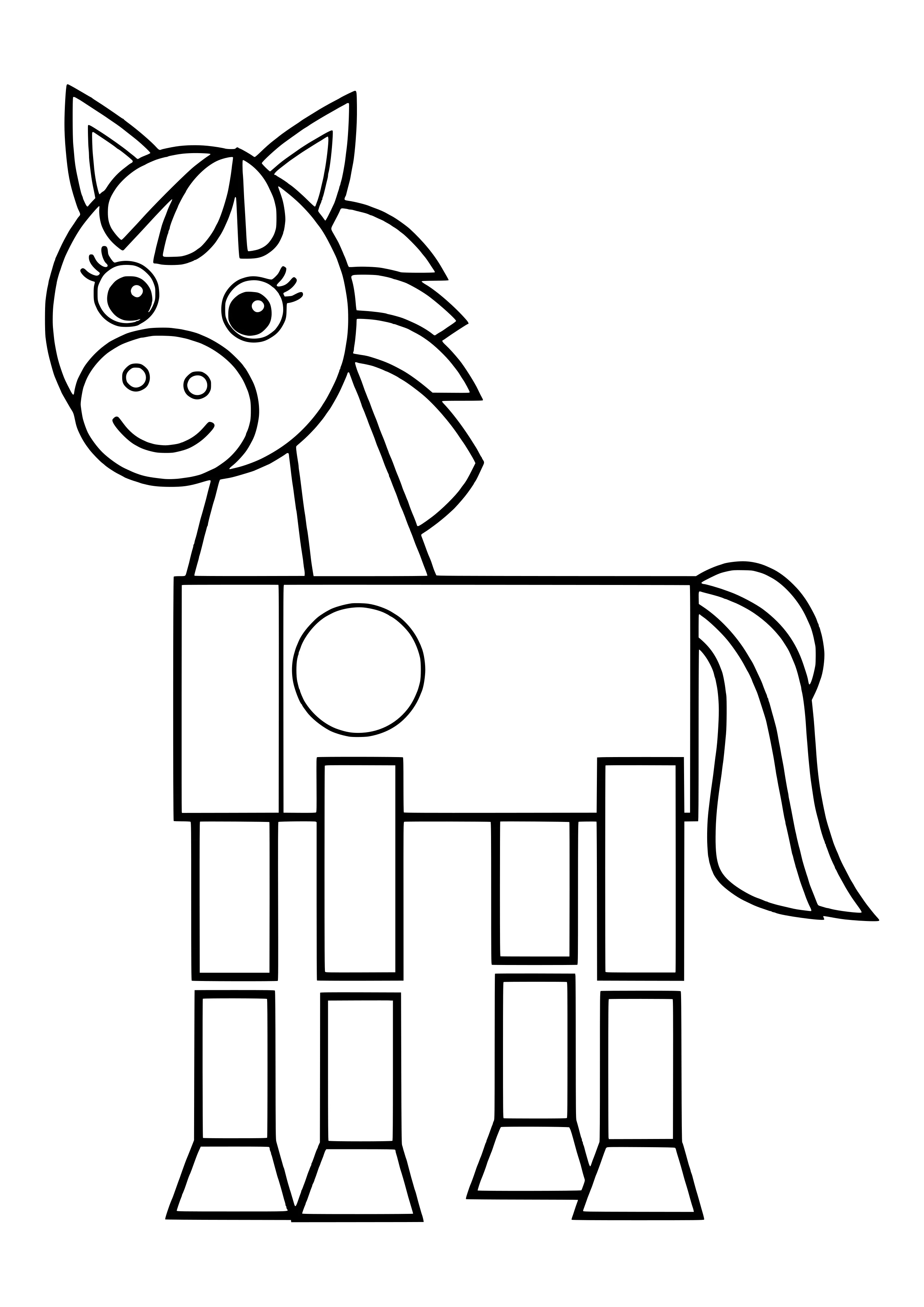 Horse made of geometric shapes with a round head, triangle ears, a rectangle body with a circle and legs built from rectangles – coloring page to print