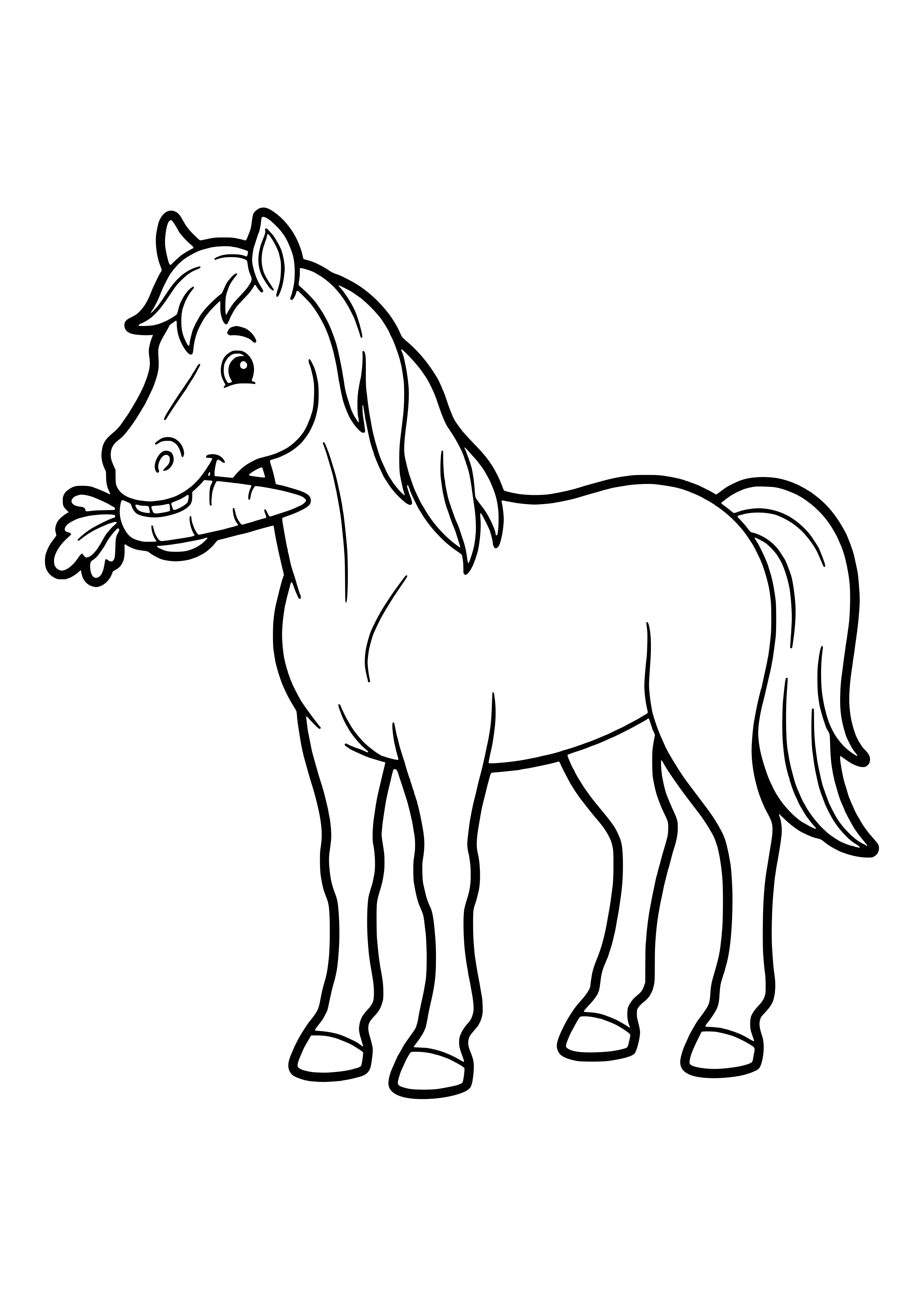 Friendly standing horse holding a leafy carrot in its mouth with no background – coloring page to print