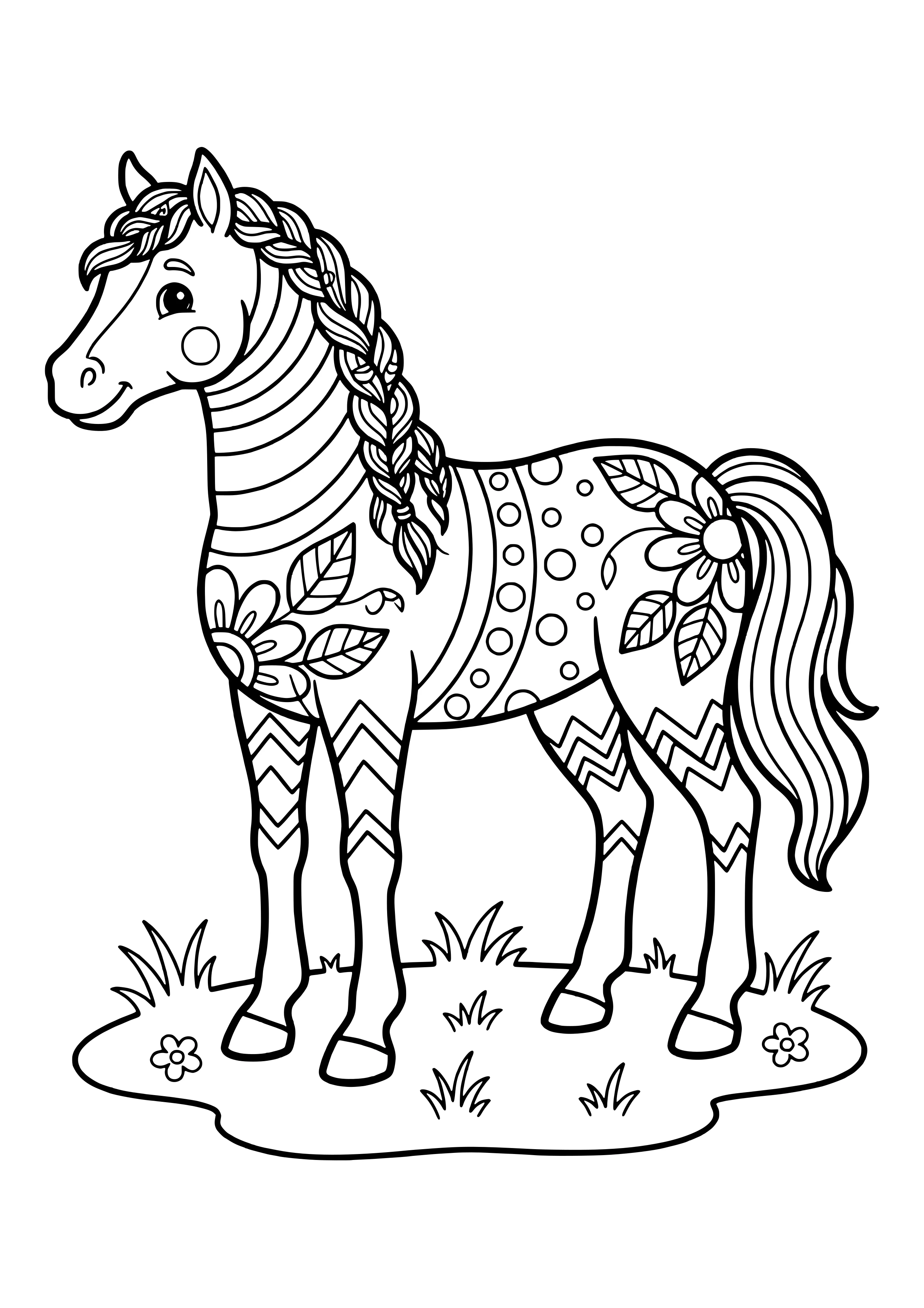 Pferd mit geflochtenen Zöpfen in der Mähne, Körper mit Streifen, Kreisen, Blumen und Zickzackmustern auf Wiese mit Blümchen – Ausmalbild zum Ausdrucken