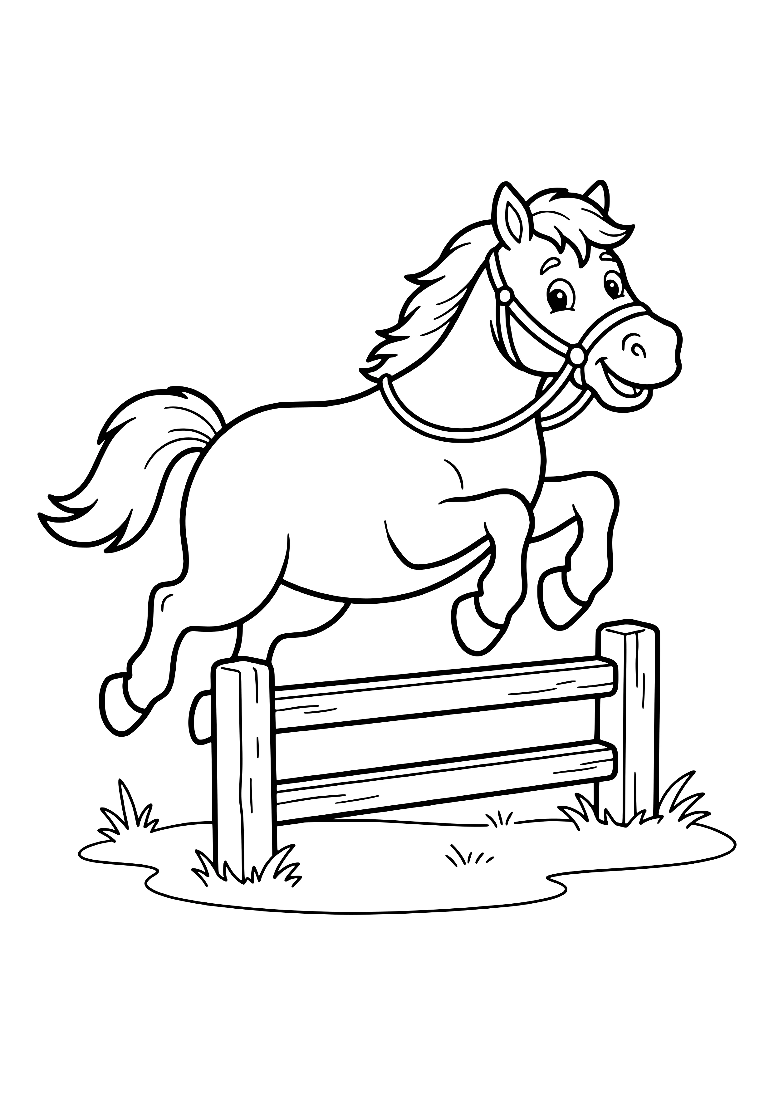 Grinning horse in a halter jumping with tucked legs over a wooden fence with two rails on grass – coloring page to print