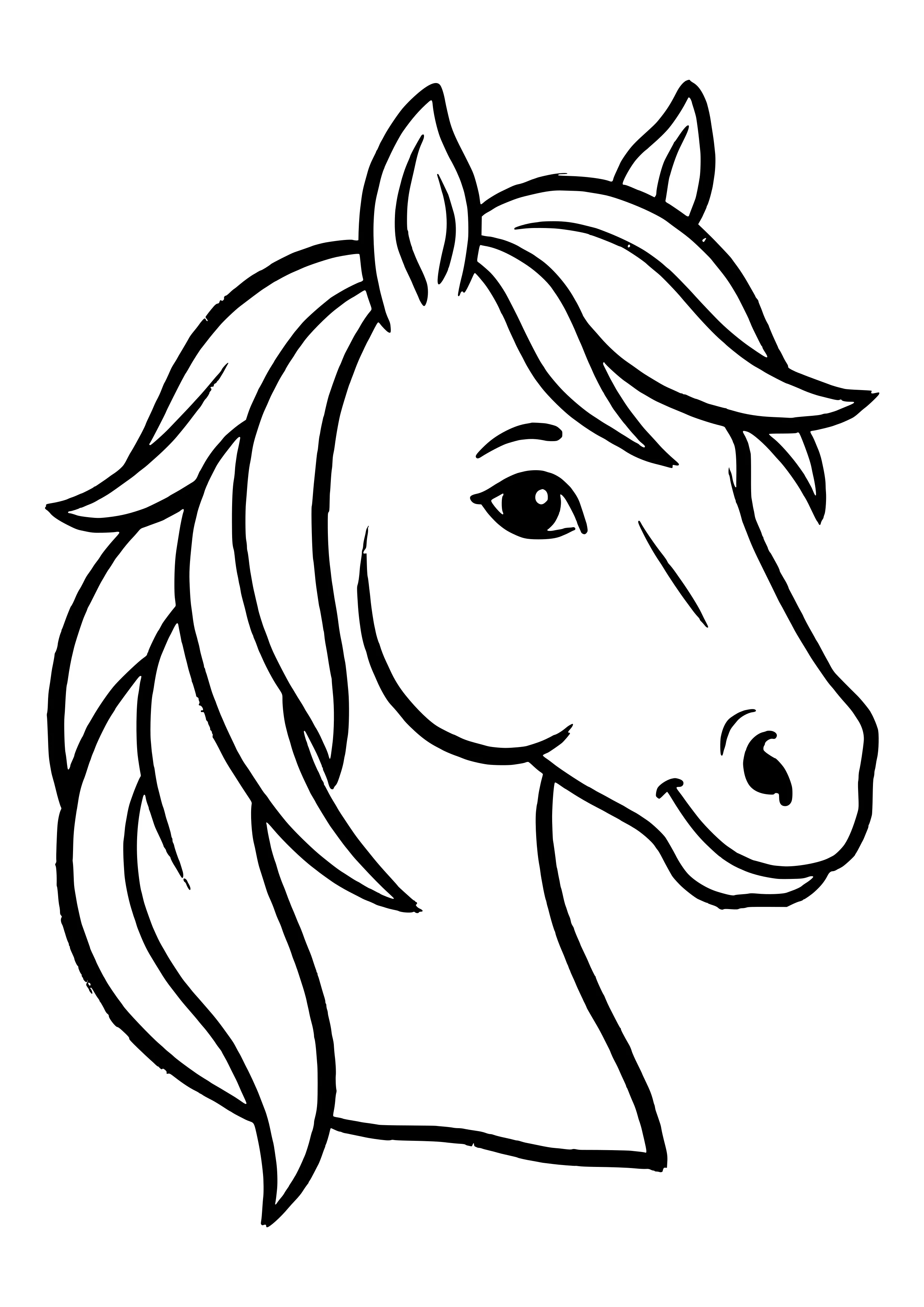 Horse head in three-quarter view with perked ears, a forelock and a long flowing mane – coloring page to print
