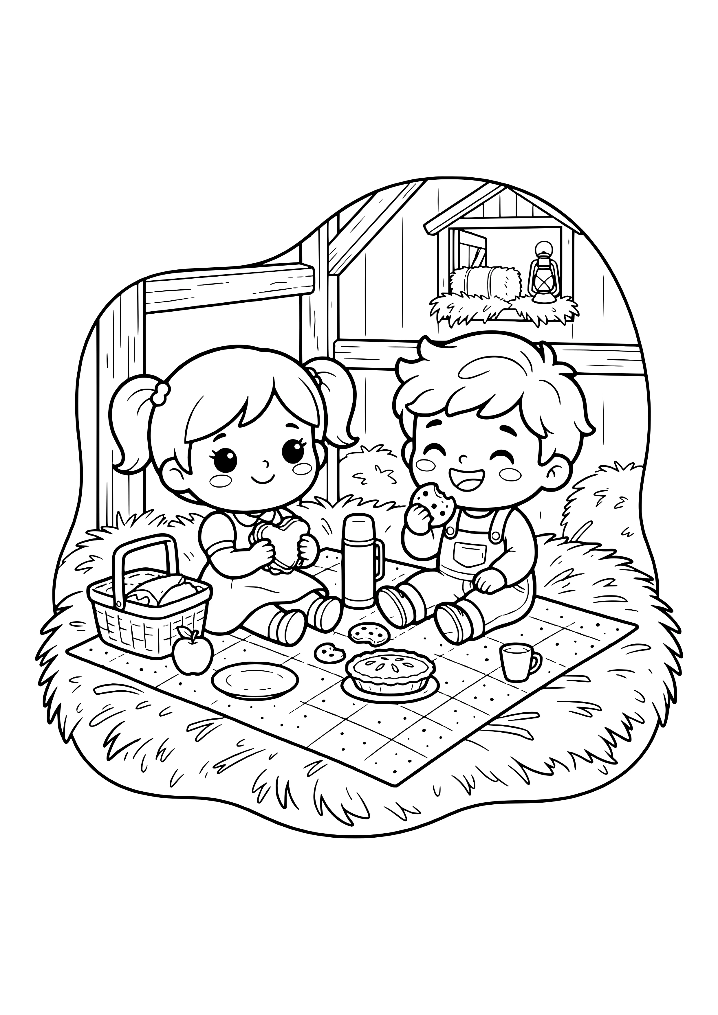 Mädchen mit Zöpfen und Junge in Latzhose beim Picknick auf einer karierten Decke im Heu mit Korb, Apfel, Thermoskanne und Kuchen in der Scheune – Ausmalbild zum Ausdrucken