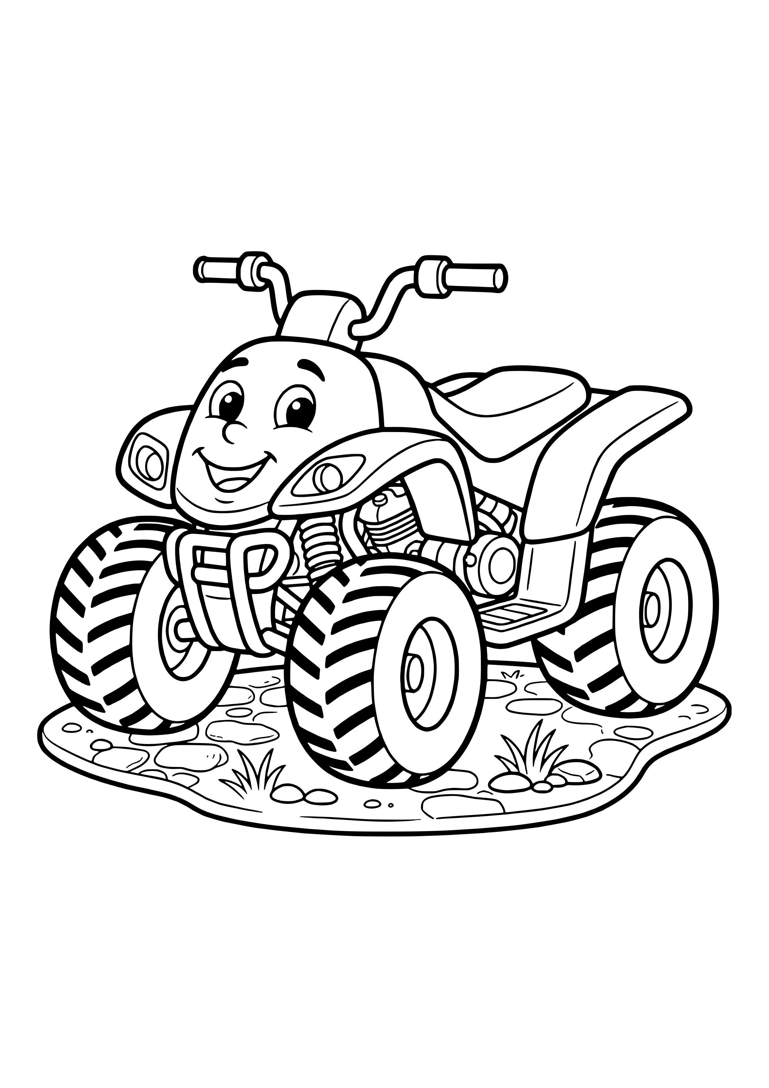 Smiling quad bike with a face, wide handlebars, a seat and four knobby tires on rocky ground with tufts of grass – coloring page to print