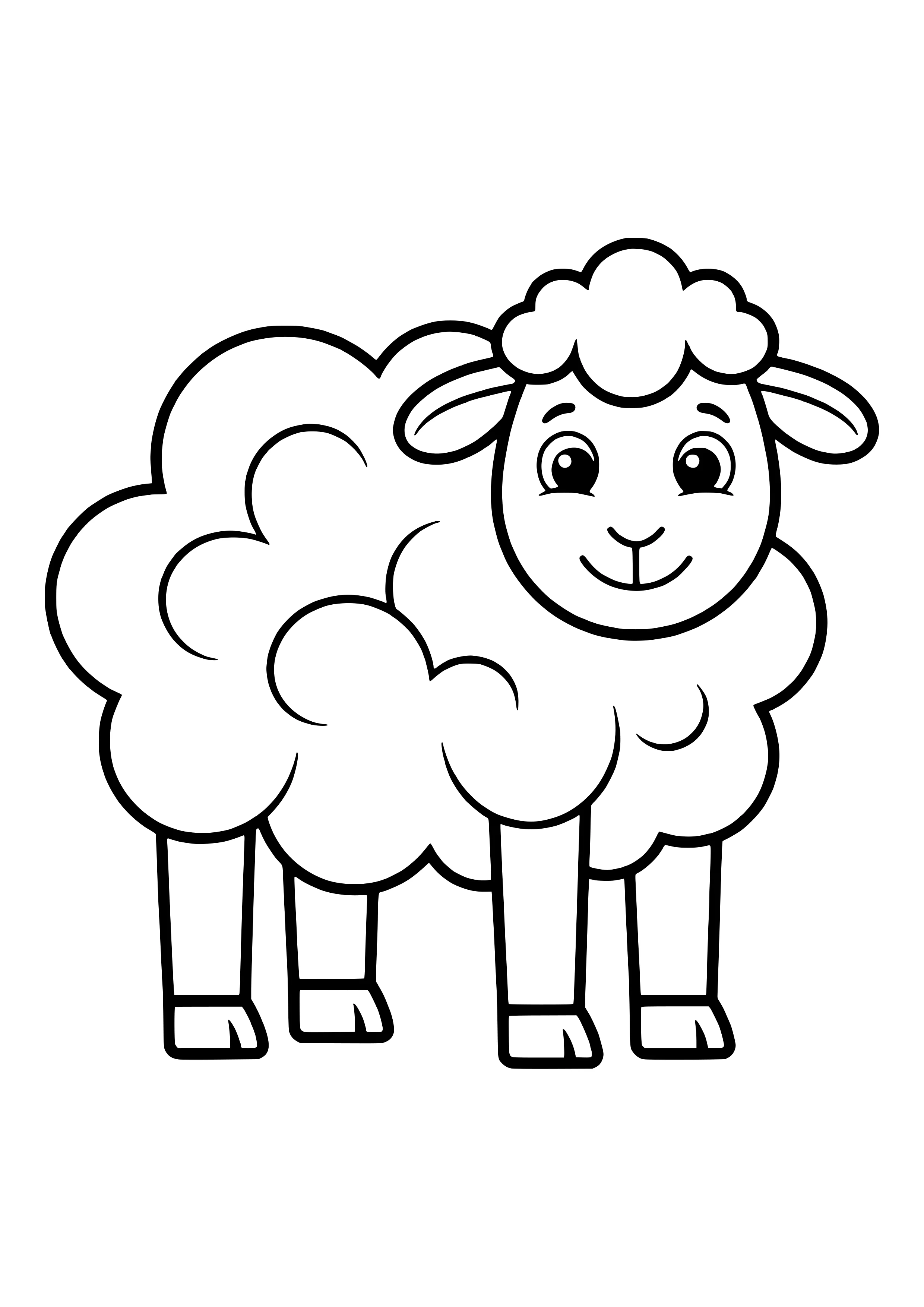 Smiling sheep with a woolly body made of big arcs, a round face, curly top and four straight legs on a plain white background – coloring page to print