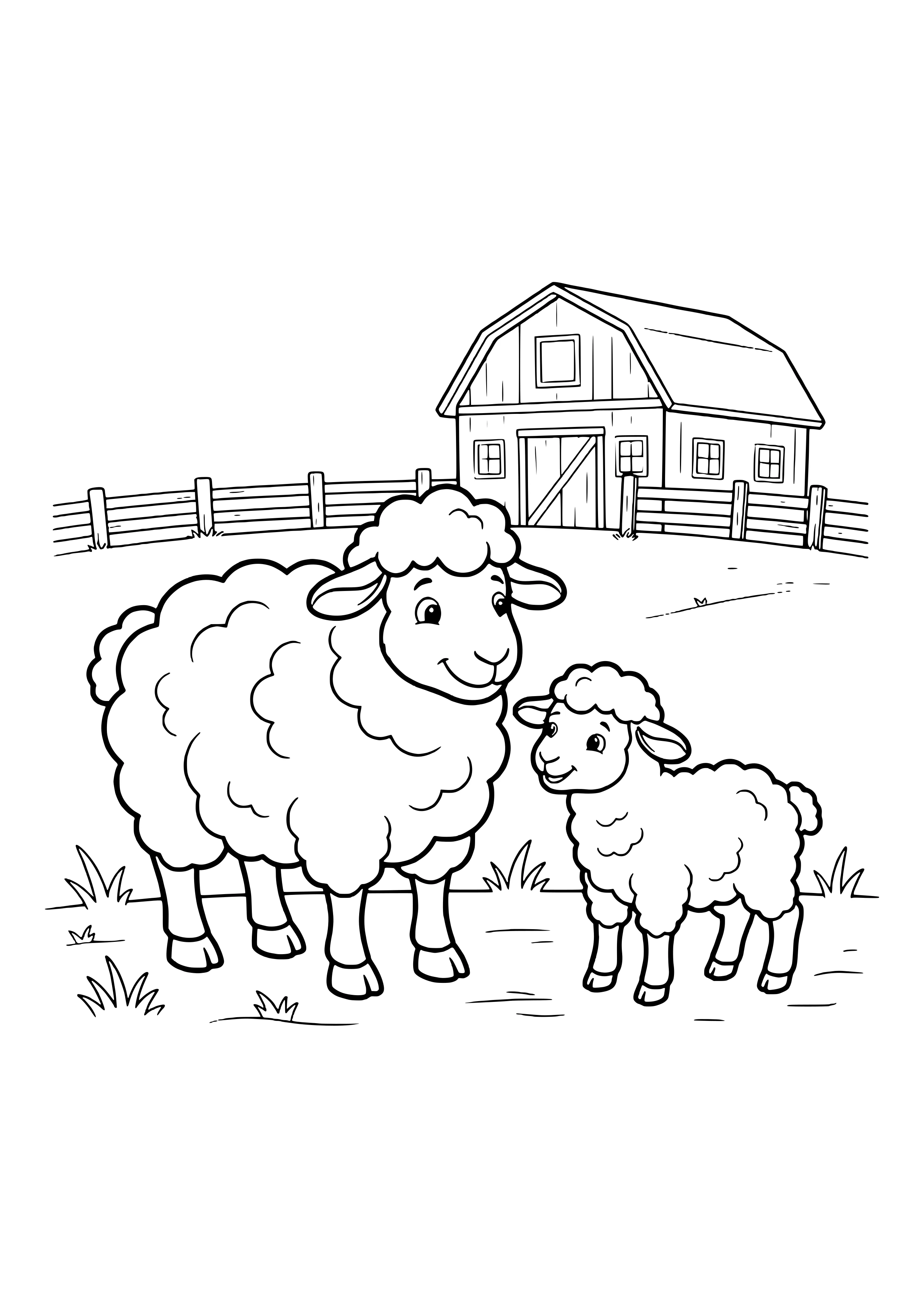 Mother sheep and small lamb smiling at each other on a meadow with a wooden fence and barn behind – coloring page to print