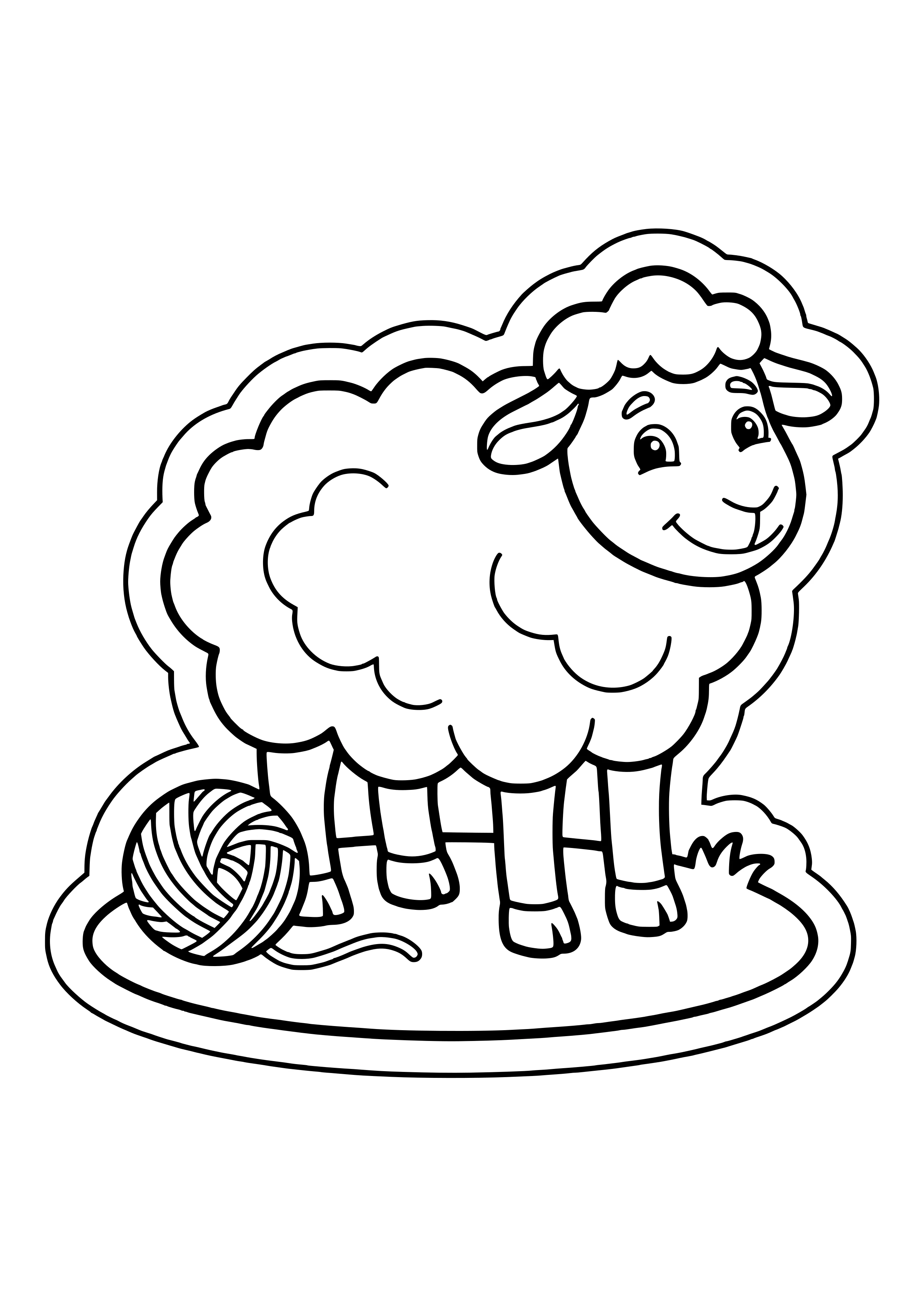 Smiling sheep with curly wool next to a ball of yarn with a loose strand on an oval grass patch in sticker style – coloring page to print