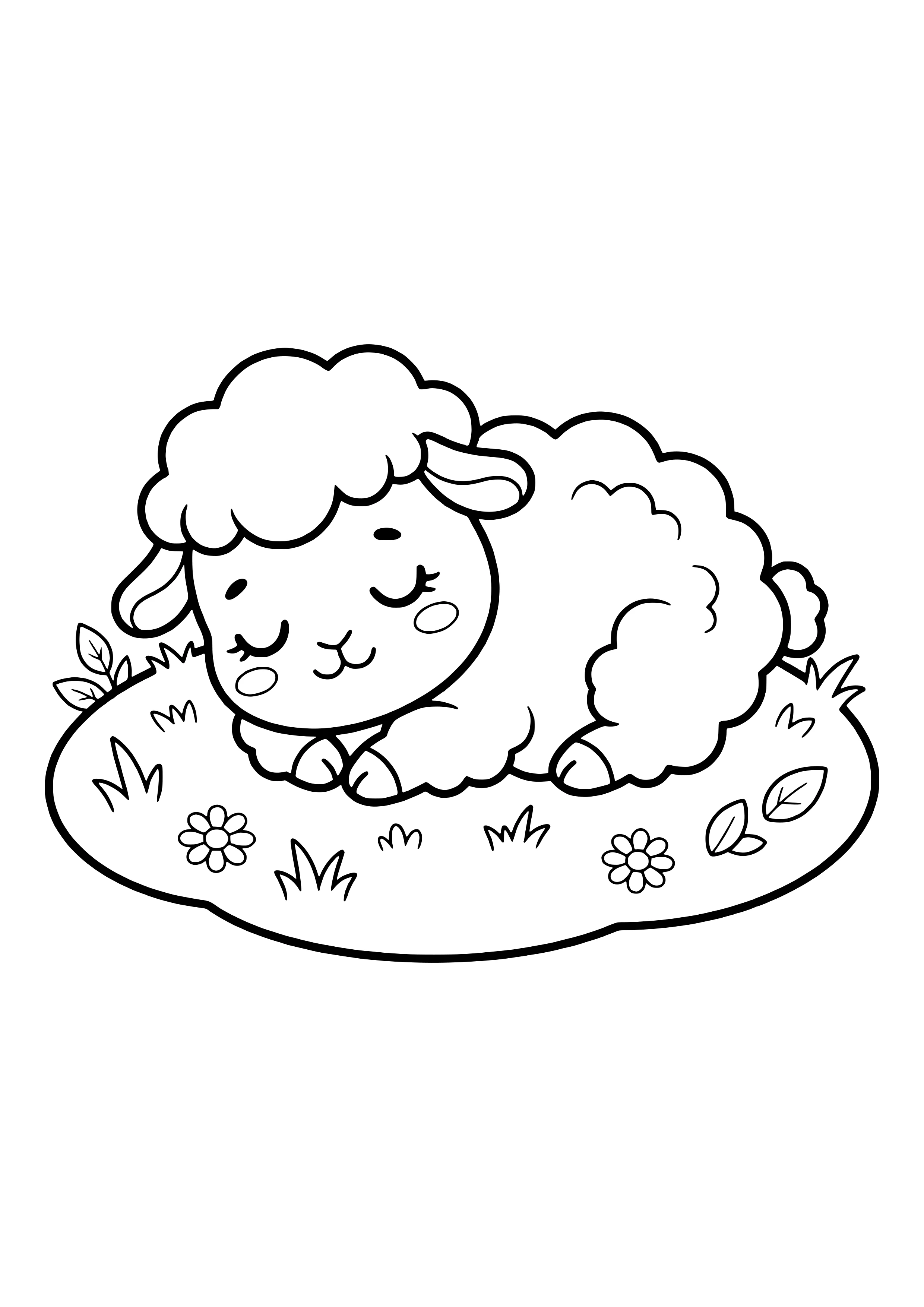 Cute sheep with closed eyes sleeping on a small patch of grass with two little flowers and leaves – coloring page to print