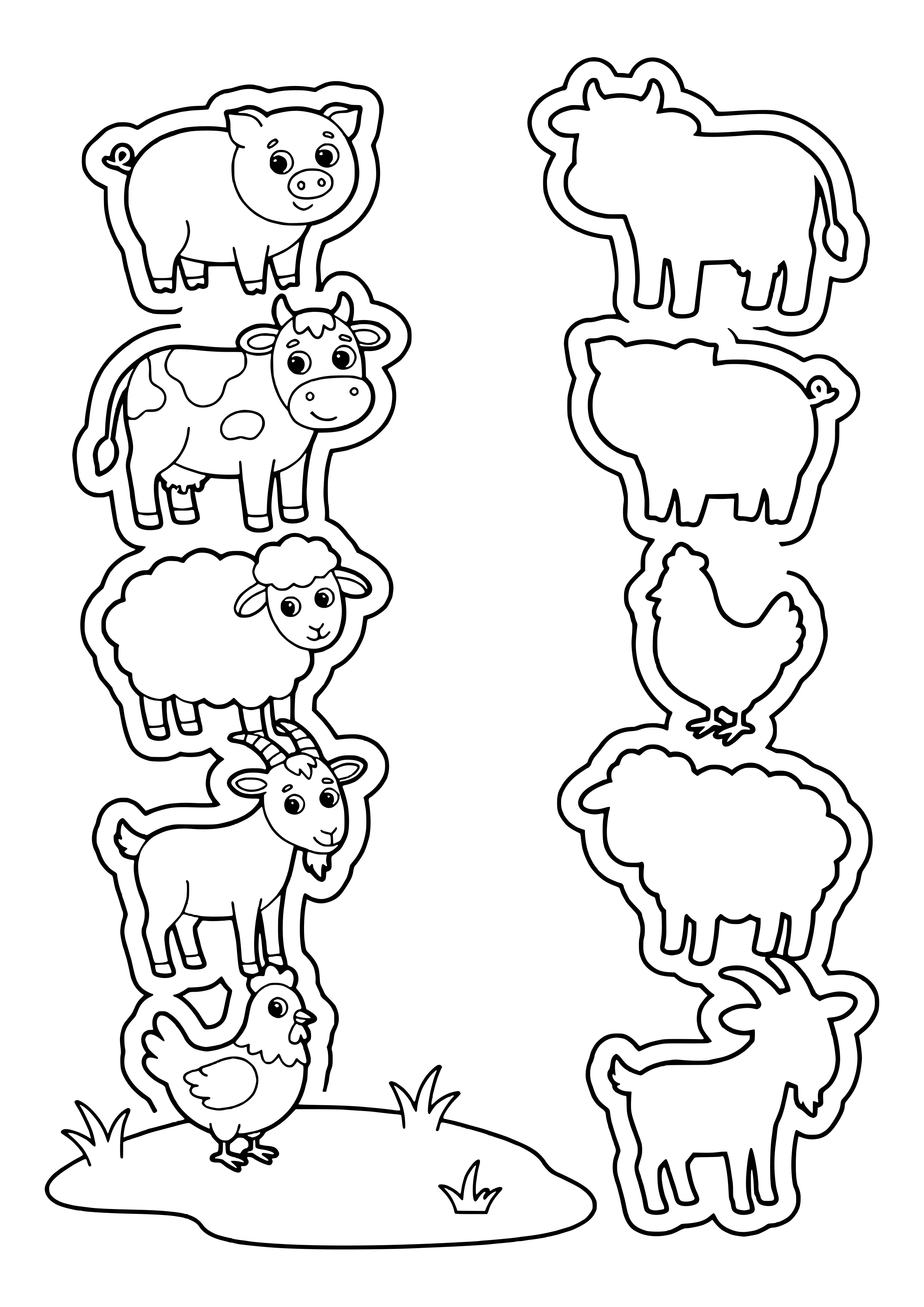 Rätselblatt mit Schwein, Kuh, Schaf, Ziege und Huhn als Sticker auf der linken Seite und fünf passenden Schattenumrissen in anderer Reihenfolge rechts – Ausmalbild zum Ausdrucken