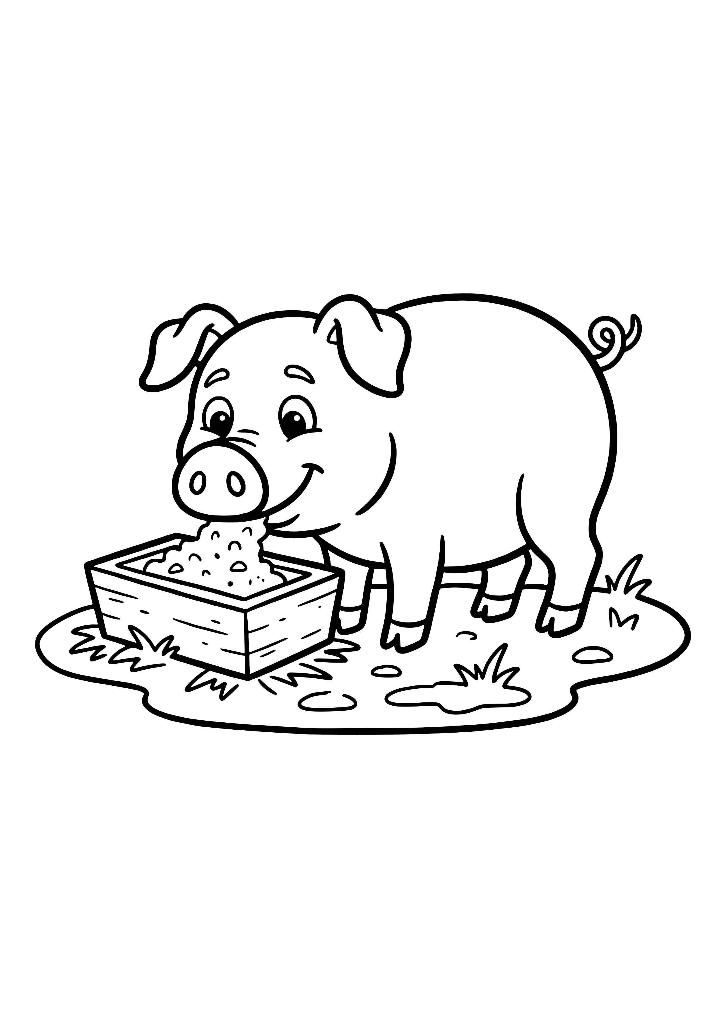 Fröhliches Doodle-Schwein frisst Futter aus einem Holztrog, auf dem Boden kleine Pfützen und Grasbüschel – Ausmalbild zum Ausdrucken