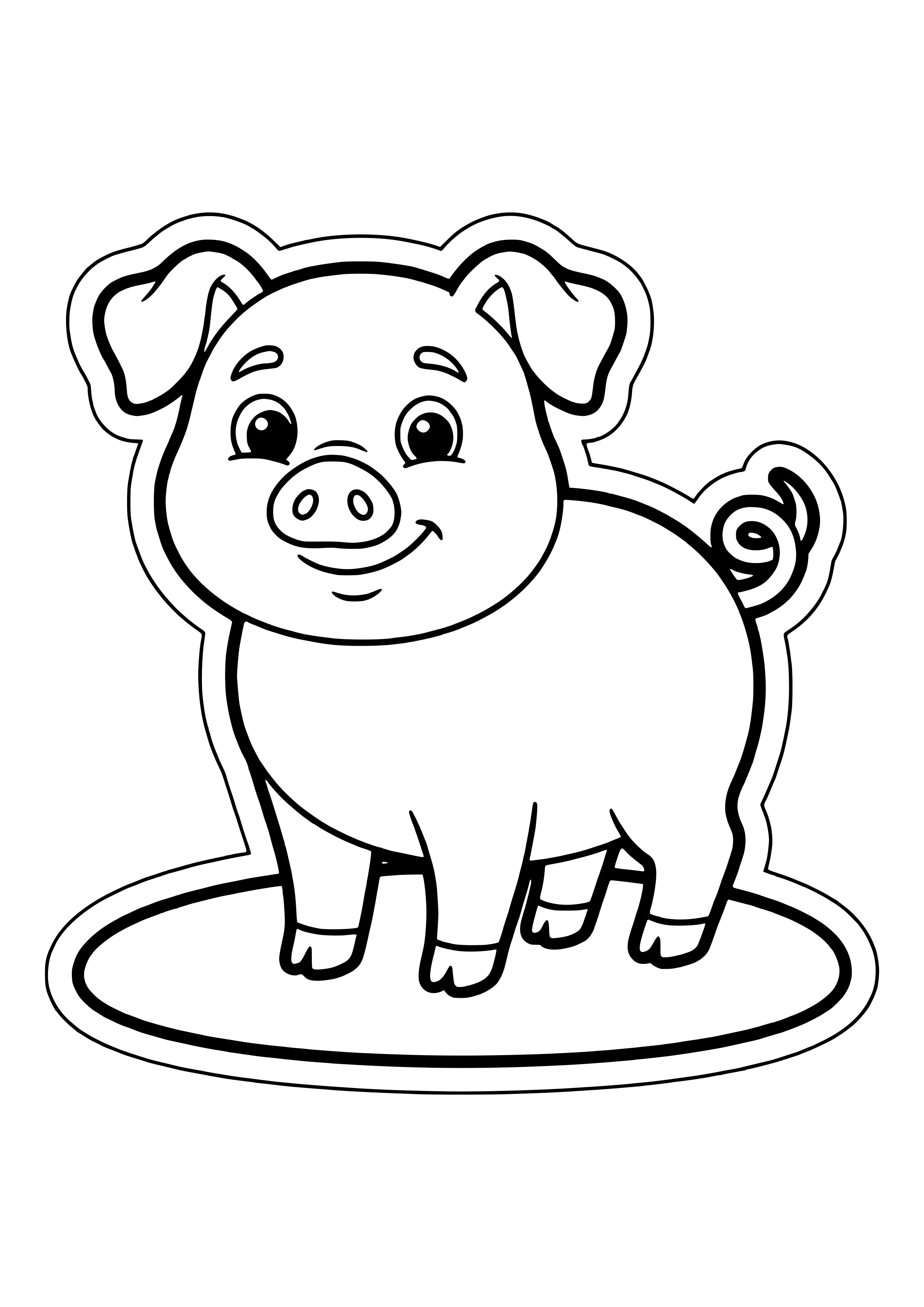 Einfaches lächelndes Schweinchen mit Schlappohren und Ringelschwanz auf einem ovalen Boden mit Sticker-Rand – Ausmalbild zum Ausdrucken