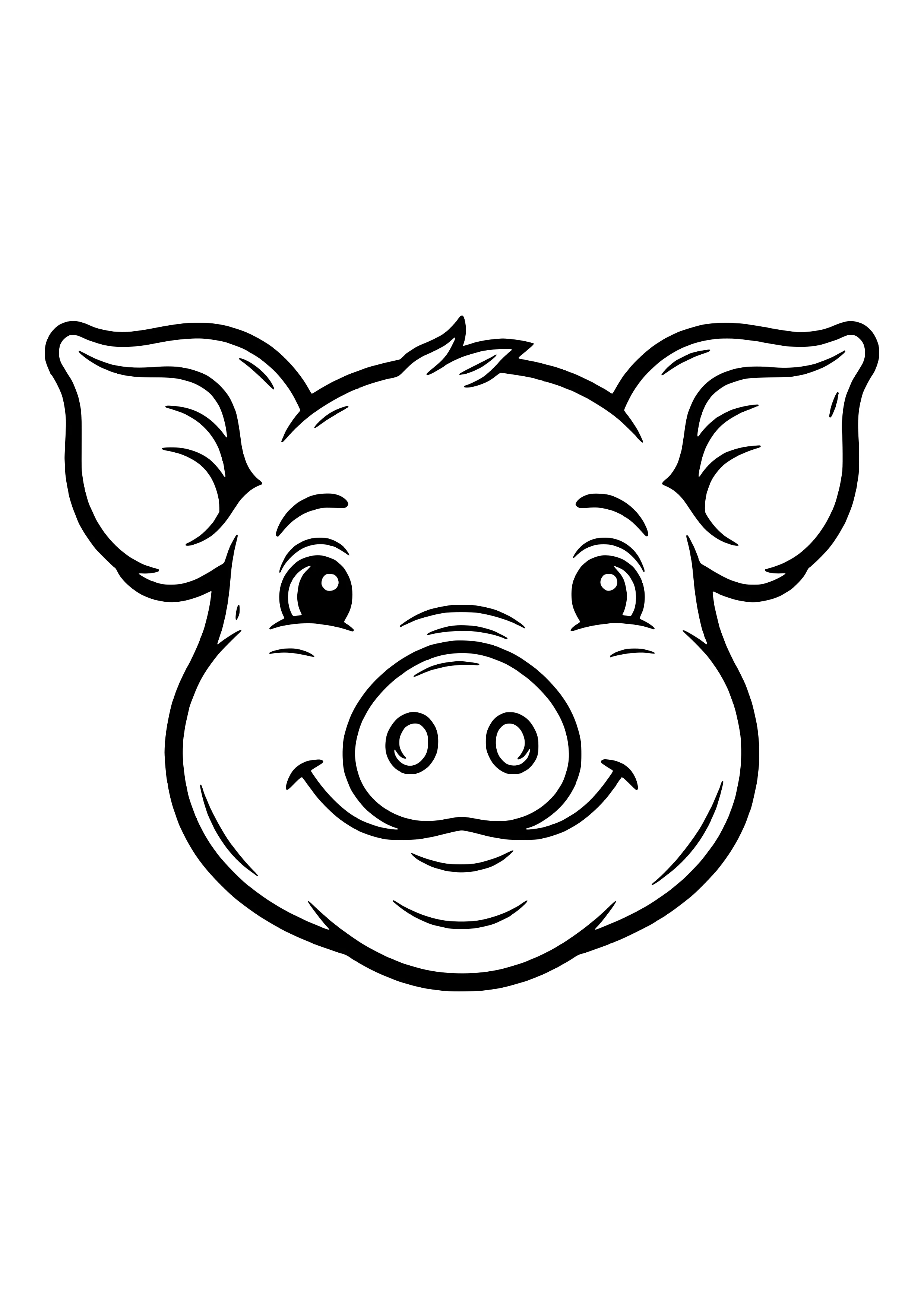 Lächelnder Schweinekopf von vorn mit großen Ohren, rundem Rüssel, Falten über der Nase und Haarbüschel auf der Stirn mit kräftiger Kontur – Ausmalbild zum Ausdrucken