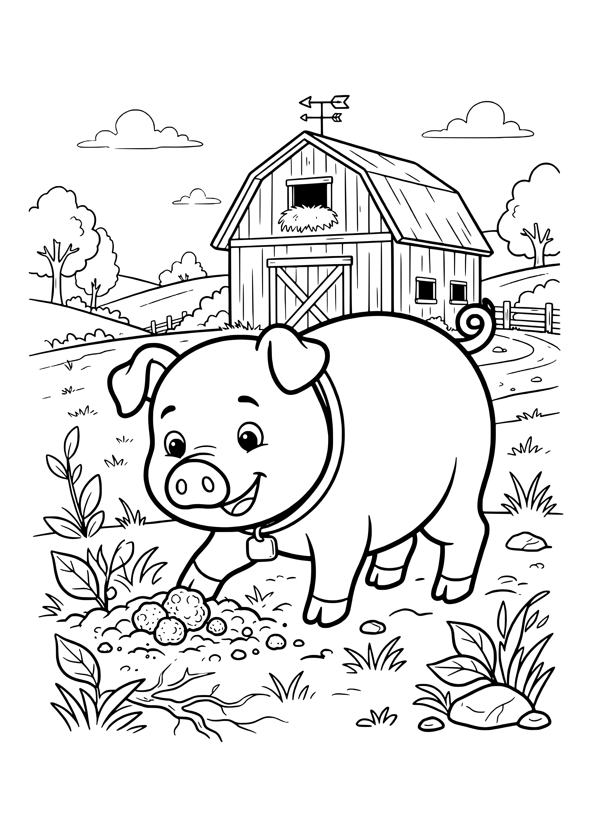Pig with a collar digging in the dirt and finding round truffles, with a wooden barn with hayloft and weathervane, trees, hills and a fence in the background – coloring page to print