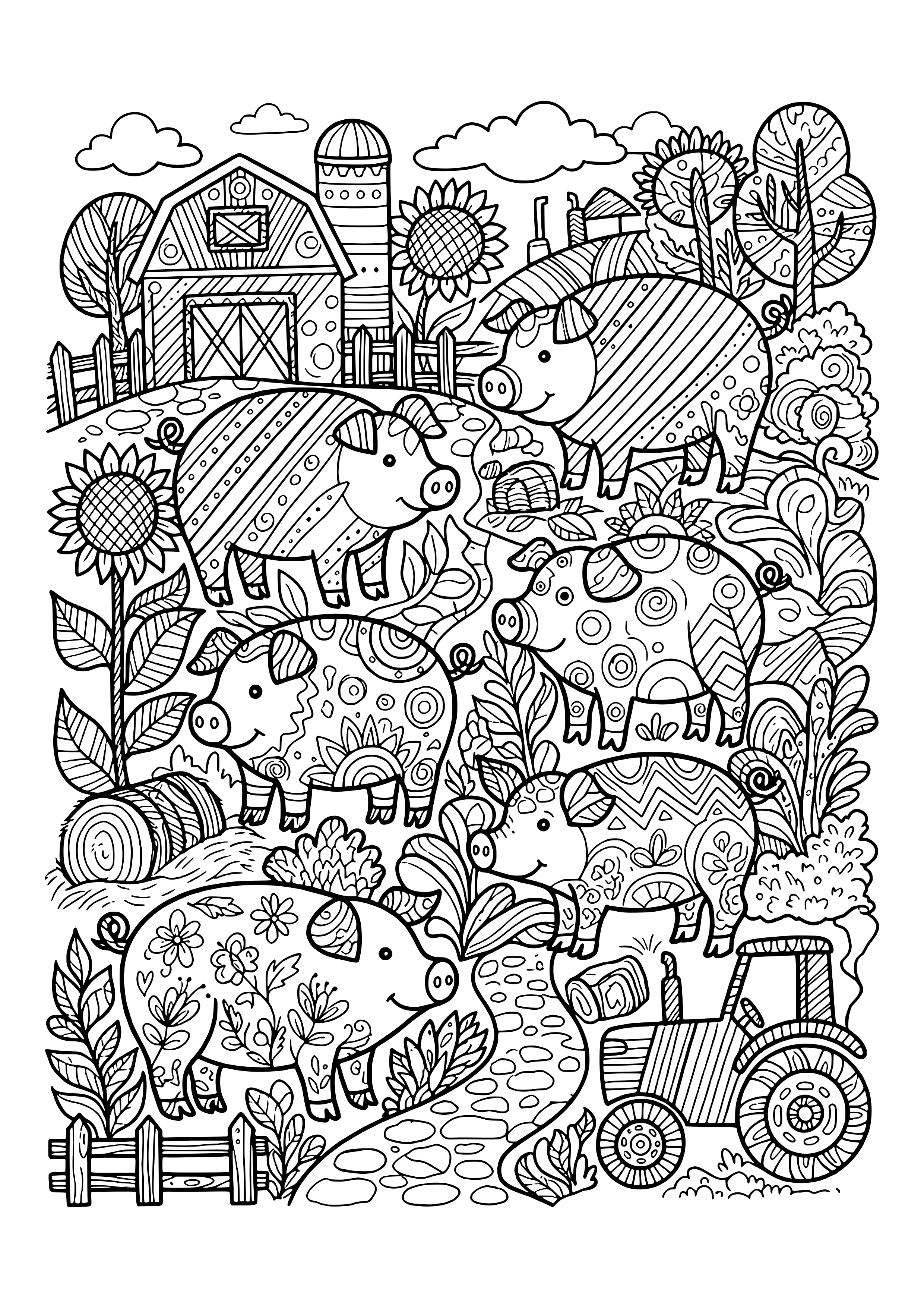 Six pigs decorated with stripes, swirls, zigzags and flowers on a farm with a barn, silo, sunflowers, hay bales, a stone path and a tractor in zentangle style – coloring page to print