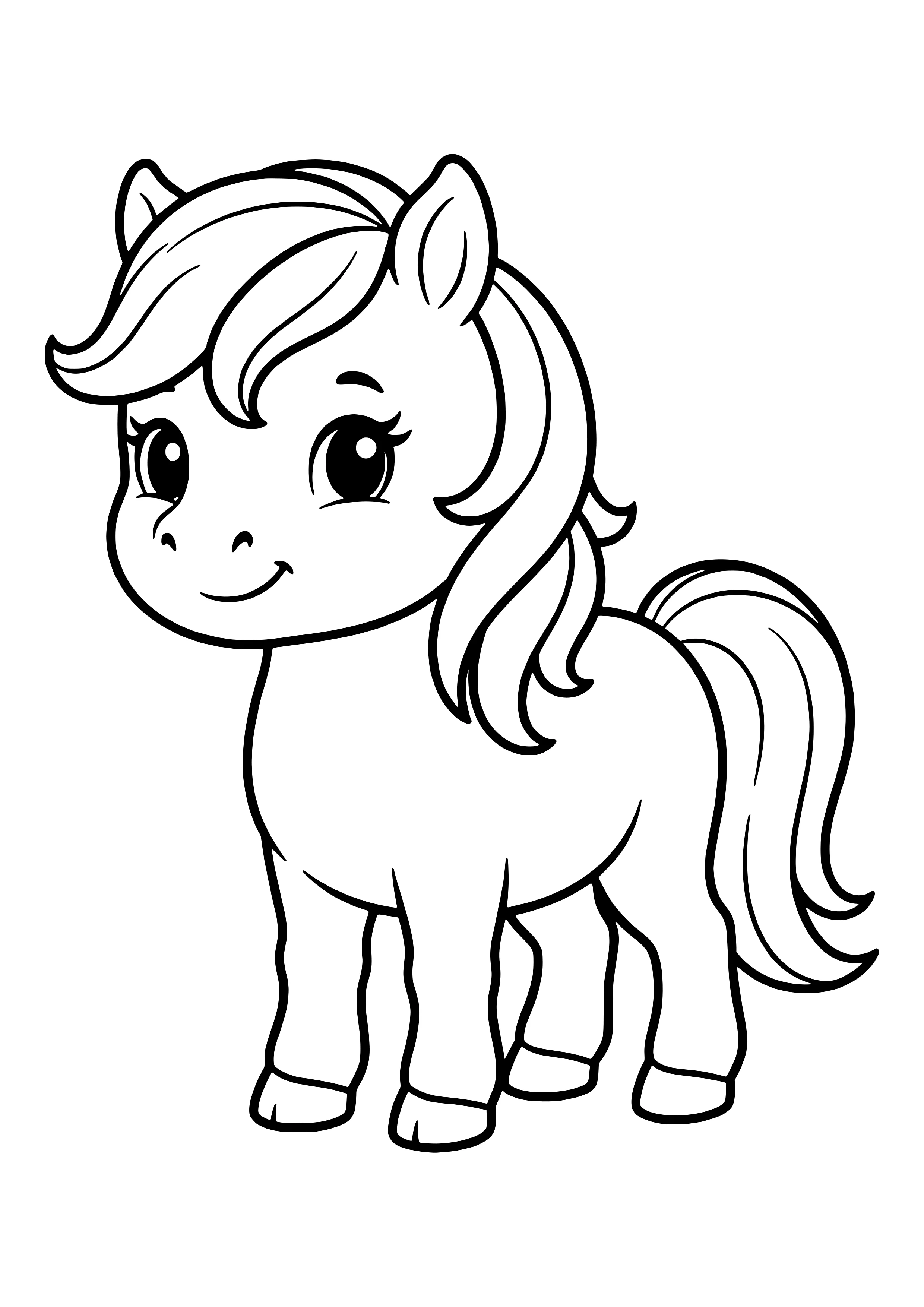 Niedliches Shetlandpony mit großen Augen, Stirnschopf, wehender Mähne und langem Schweif im Kawaii-Stil – Ausmalbild zum Ausdrucken