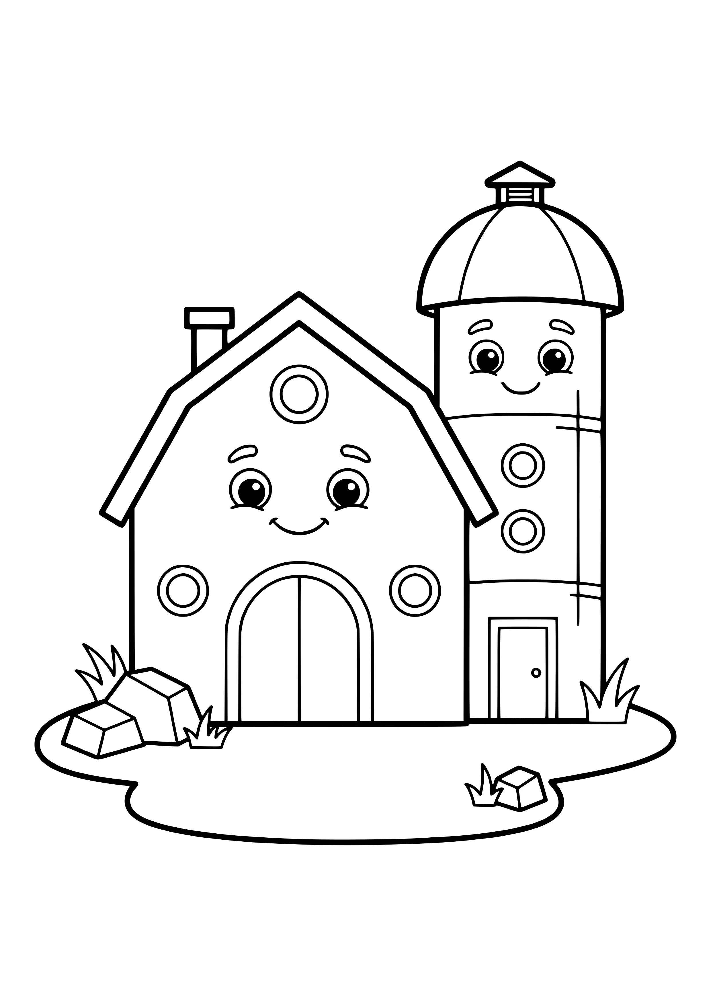Barn with a smiling face, arched door, chimney and round windows next to a tall silo with a domed roof, a face and a small door, plus rocks and grass – coloring page to print