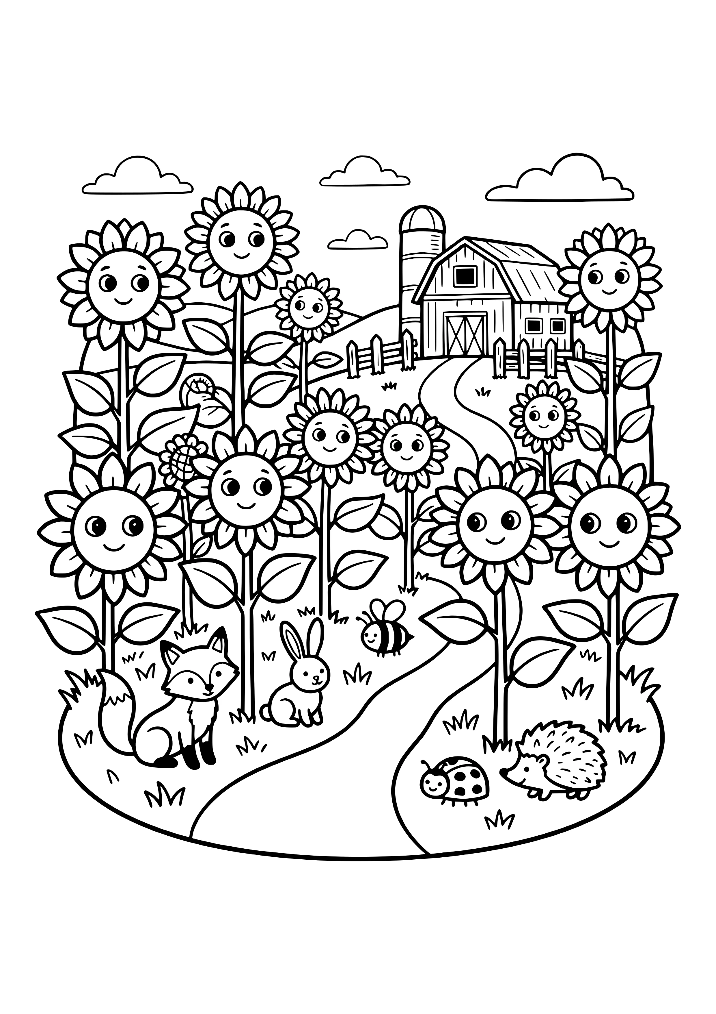 Sonnenblumenfeld mit lachenden Blüten, Weg zur Scheune mit Silo, dazu Fuchs, Hase, Biene, Marienkäfer und Igel – Ausmalbild zum Ausdrucken