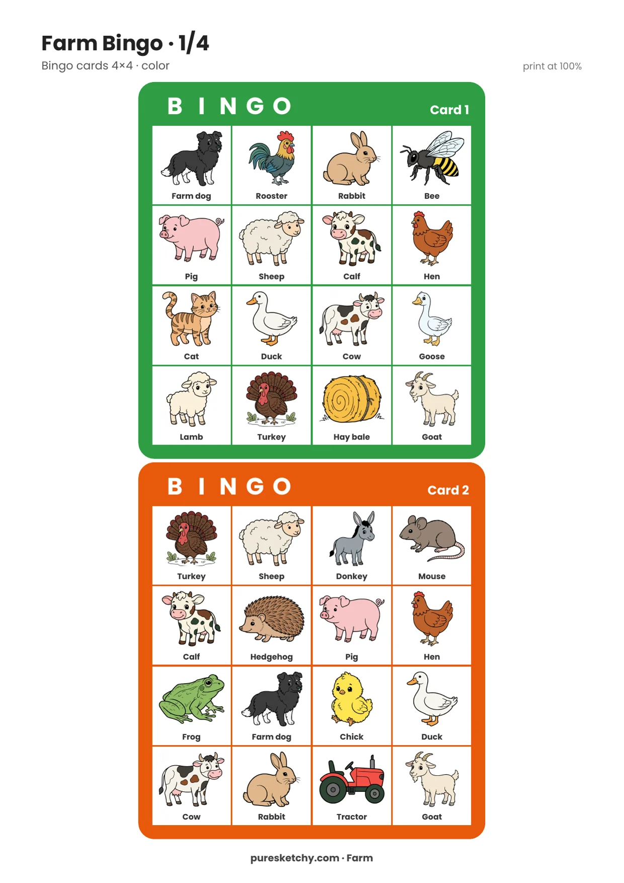 Two colorful farm bingo cards with 16 squares each, full of farm animals, a tractor and hay bales to print