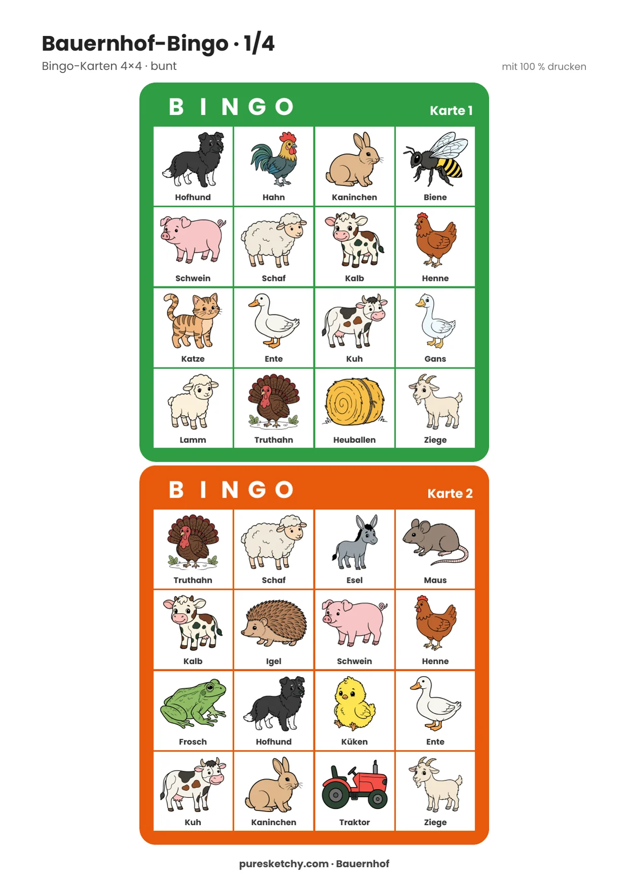 Zwei bunte Bauernhof-Bingo-Karten mit je 16 Feldern voller Hoftiere, Traktor und Heuballen zum Ausdrucken